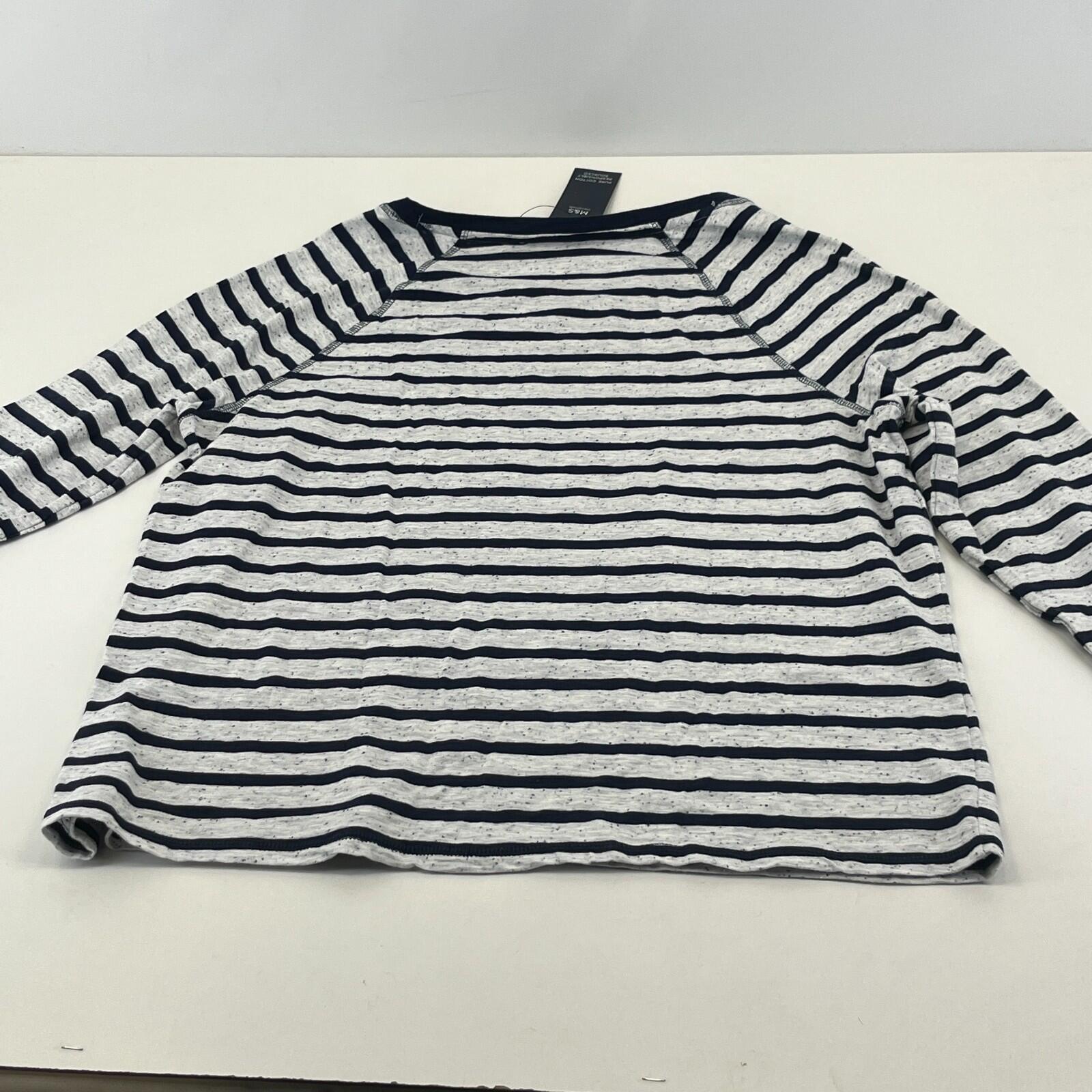 M&S Women's Crew Neck Top White & Navy Blue Striped Long Sleeve size 16 - New