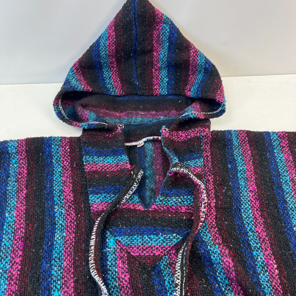 Genuine Mexican Baja Hoodie Pullover Hippie Festival Pink/Black Stripe UK size L