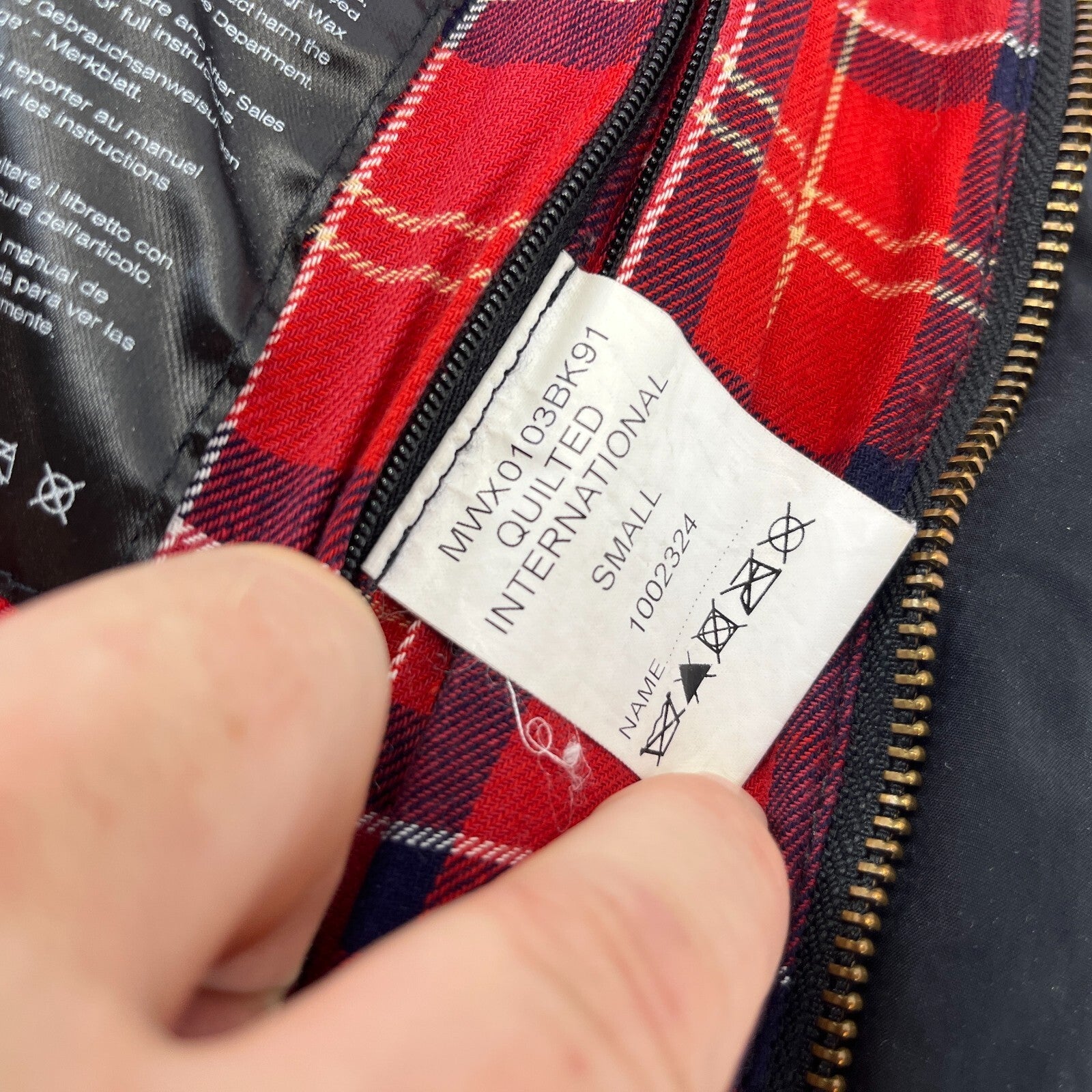 Barbour International Quilted Waxed Cotton Jacket Black with Belt Band Collar S