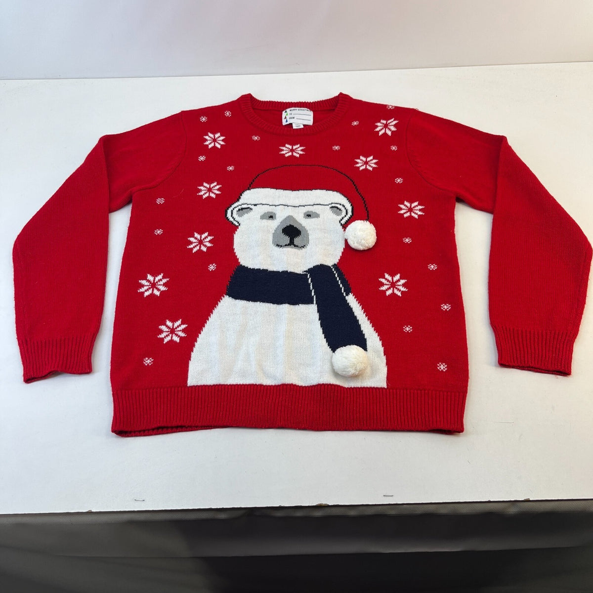 Women's Polar Bear with Bobble Christmas Jumper in Red Knit Sweater size Large