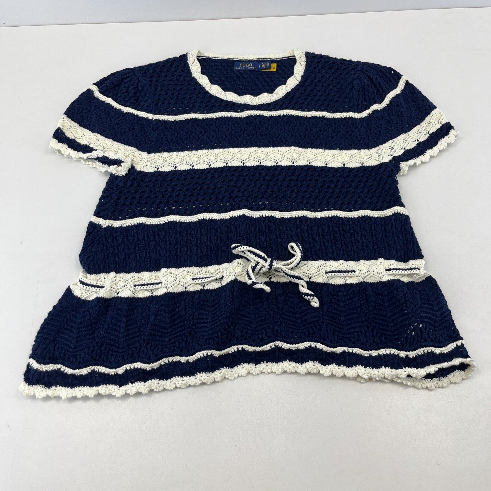 Polo Ralph Lauren Crochet Knit Jumper Women's size Medium Blue/White Crew Neck