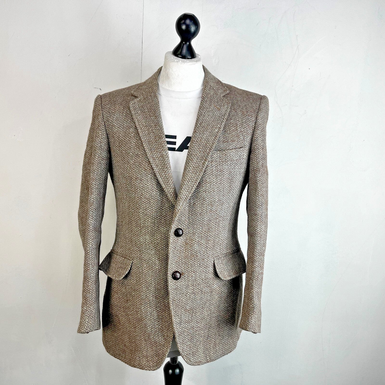 John Lewis Harris Tweed Herringbone Blazer Sport Coat Jacket Beige size 40R