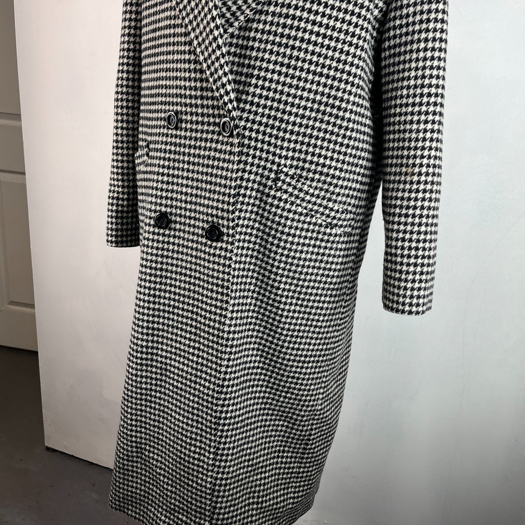 Vtg Kashmoor of London Wool Blend Long Overcoat UK 16 Black/White Houndstooth