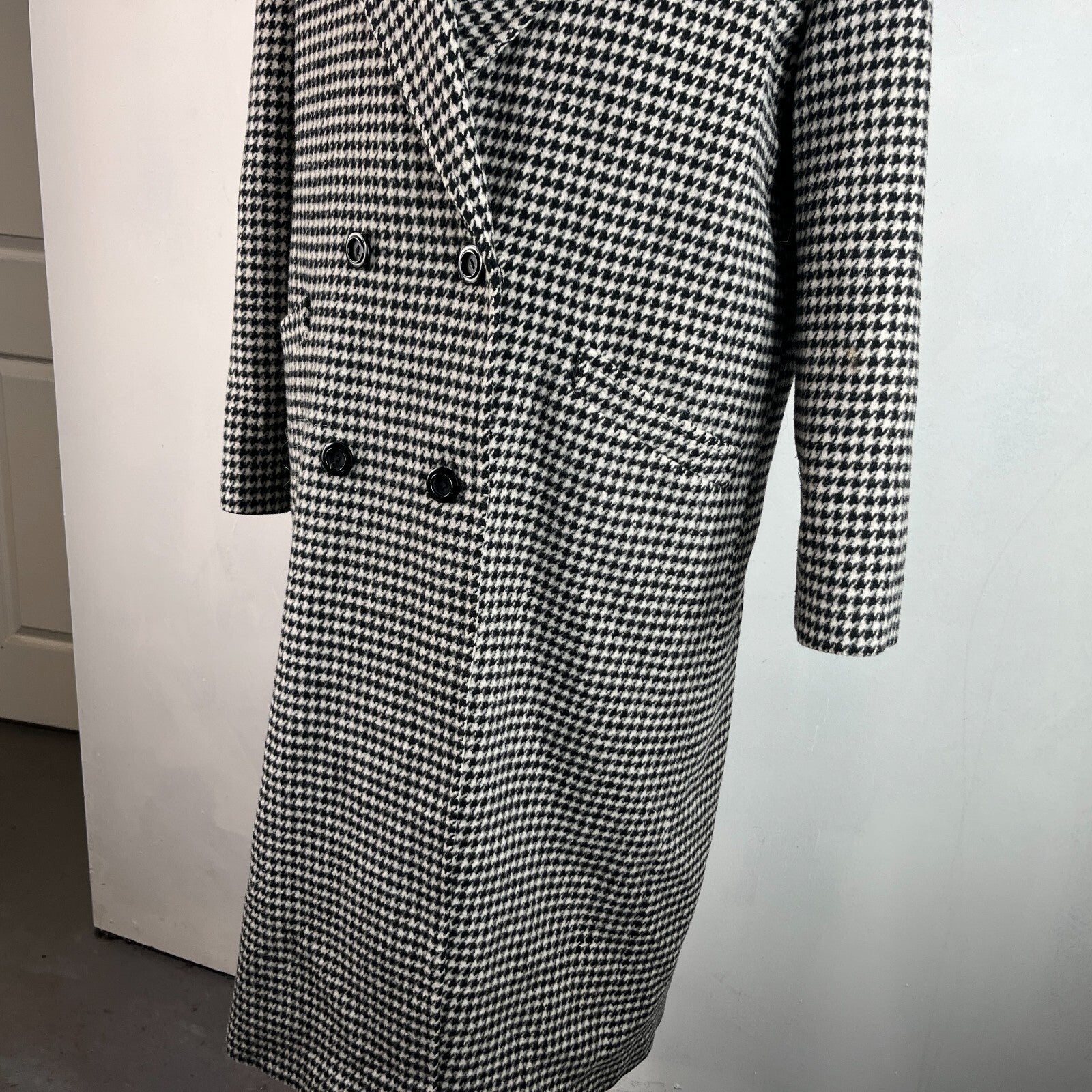 Vtg Kashmoor of London Wool Blend Long Overcoat UK 16 Black/White Houndstooth