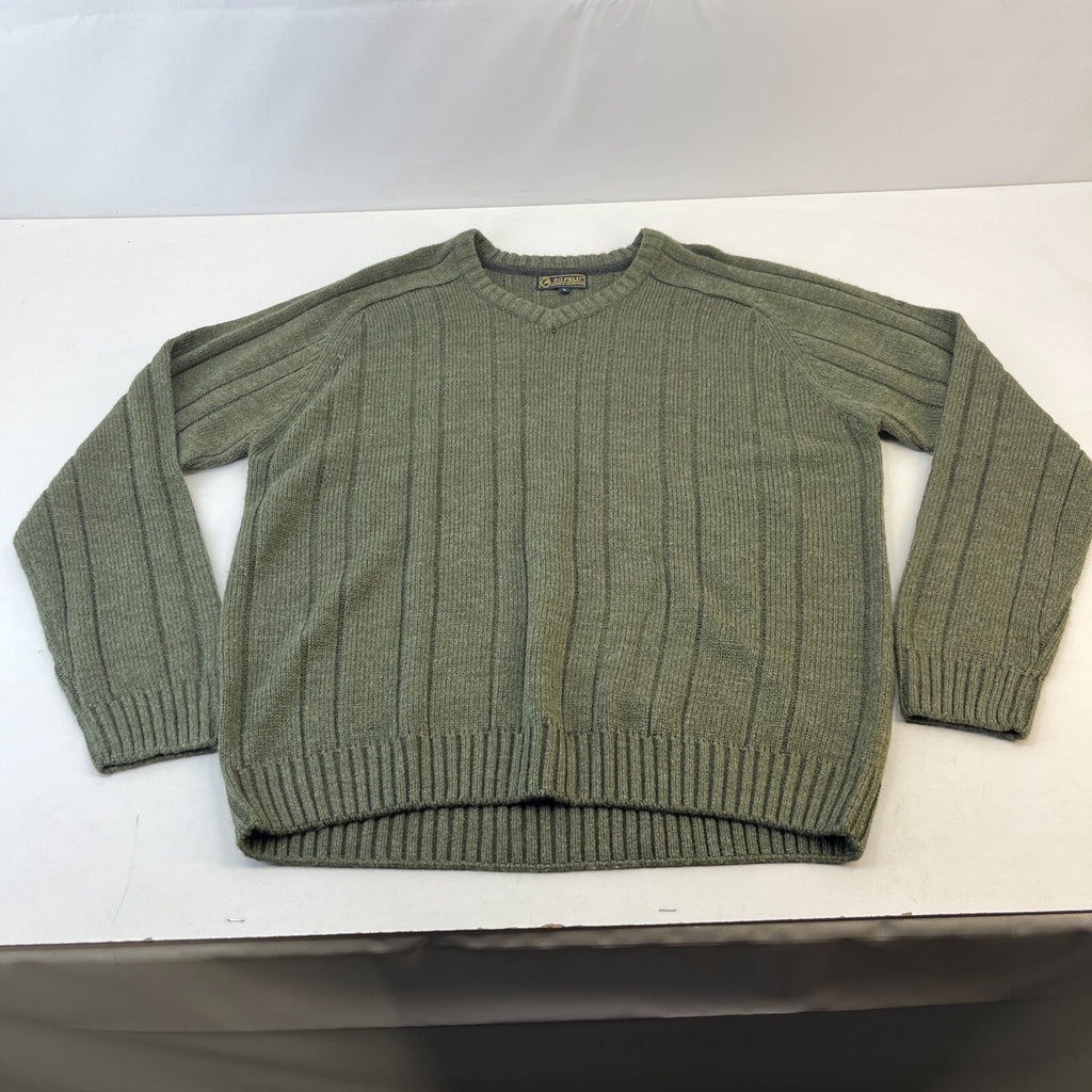 PG Field Men’s Jumper Dark Green Cable Knit Chunky V-Neck Sweater size Large