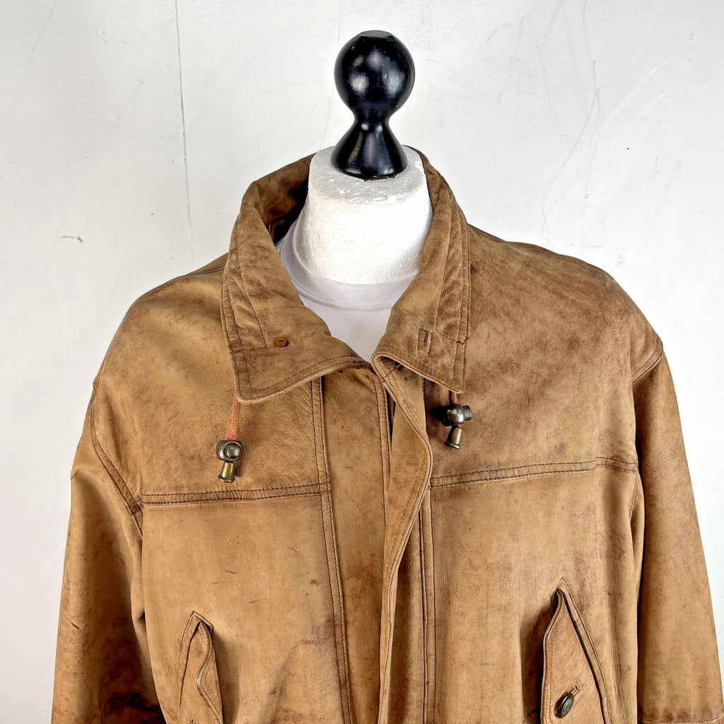 Lakeland Men’s Leather Jacket Long Distressed Look Tan Brown UK size 46