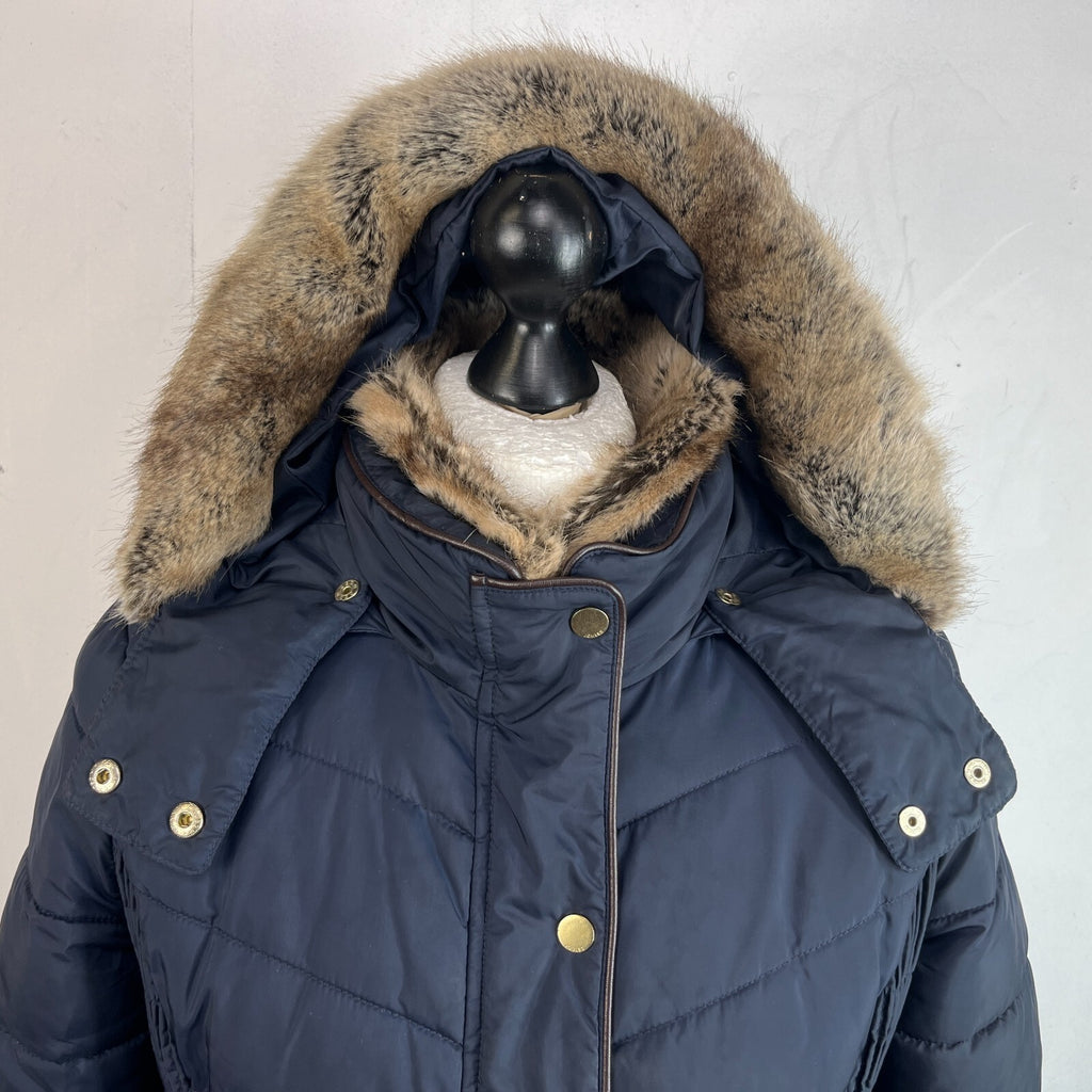 Joules Warm Welcome Long Quilted Jacket Navy Blue with Faux Fur Fringe size 14