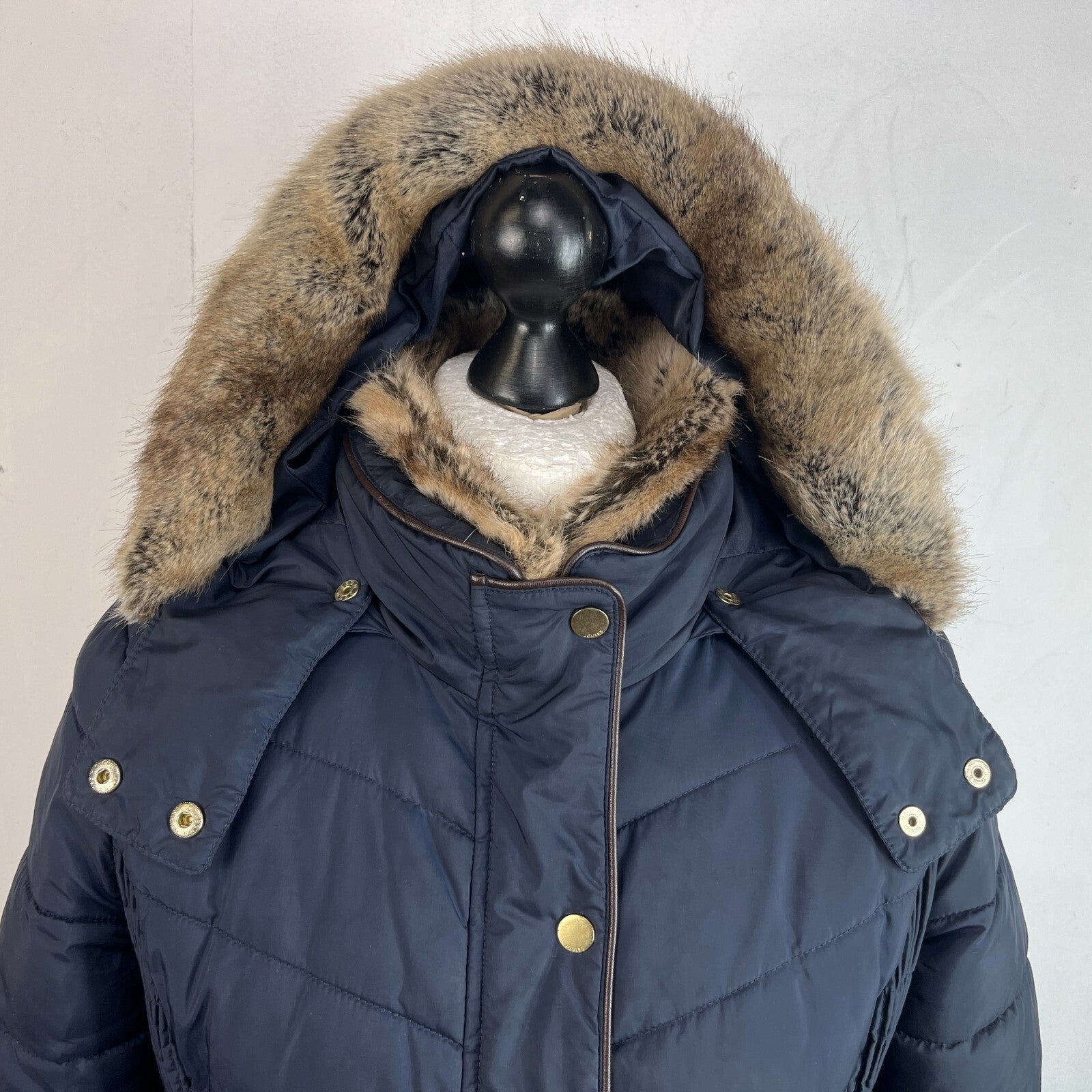 Joules Warm Welcome Long Quilted Jacket Navy Blue with Faux Fur Fringe size 14