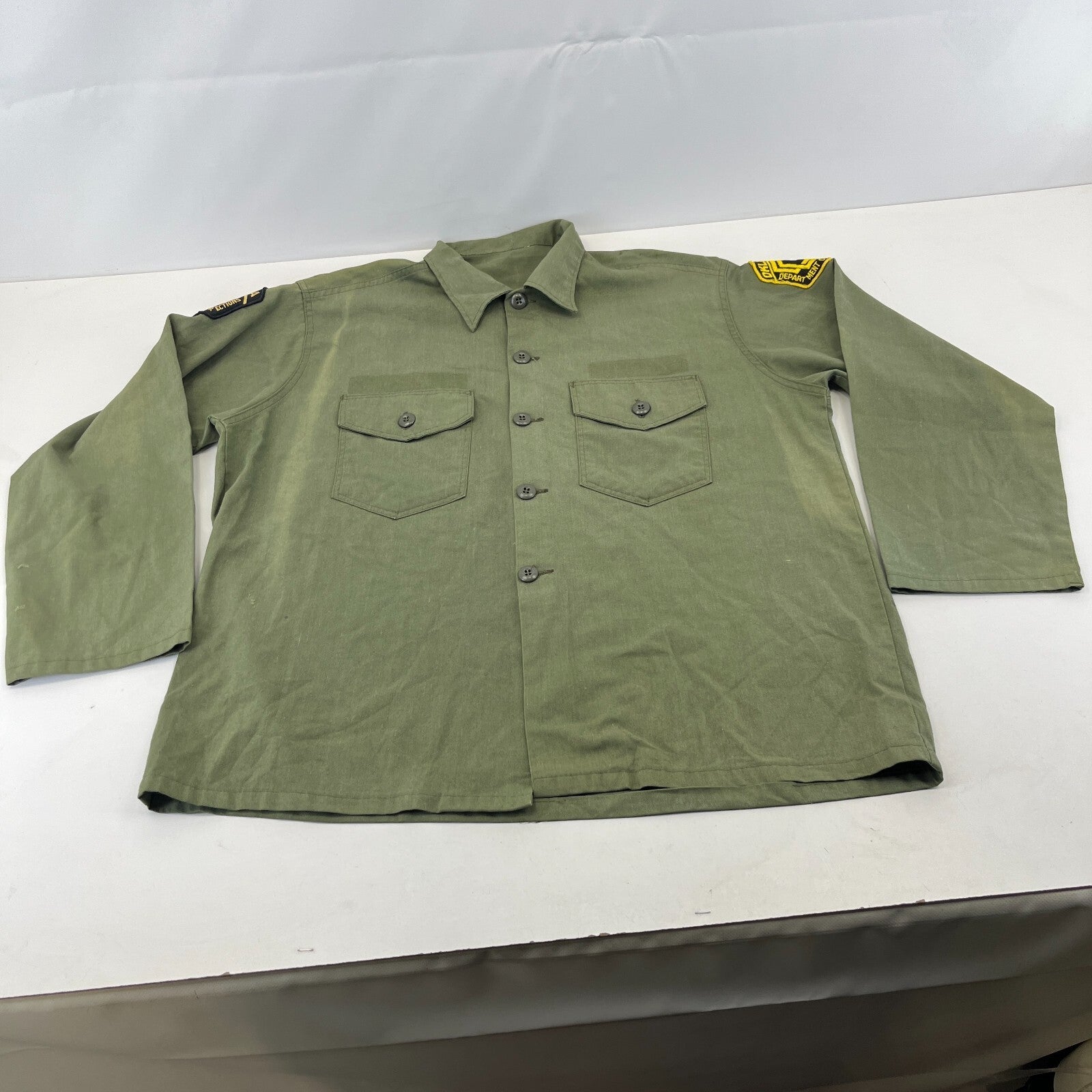 Vintage 60s/70s Oklahoma DOC Shacket Jacket Heavy Shirt XL Khaki Green + Badges