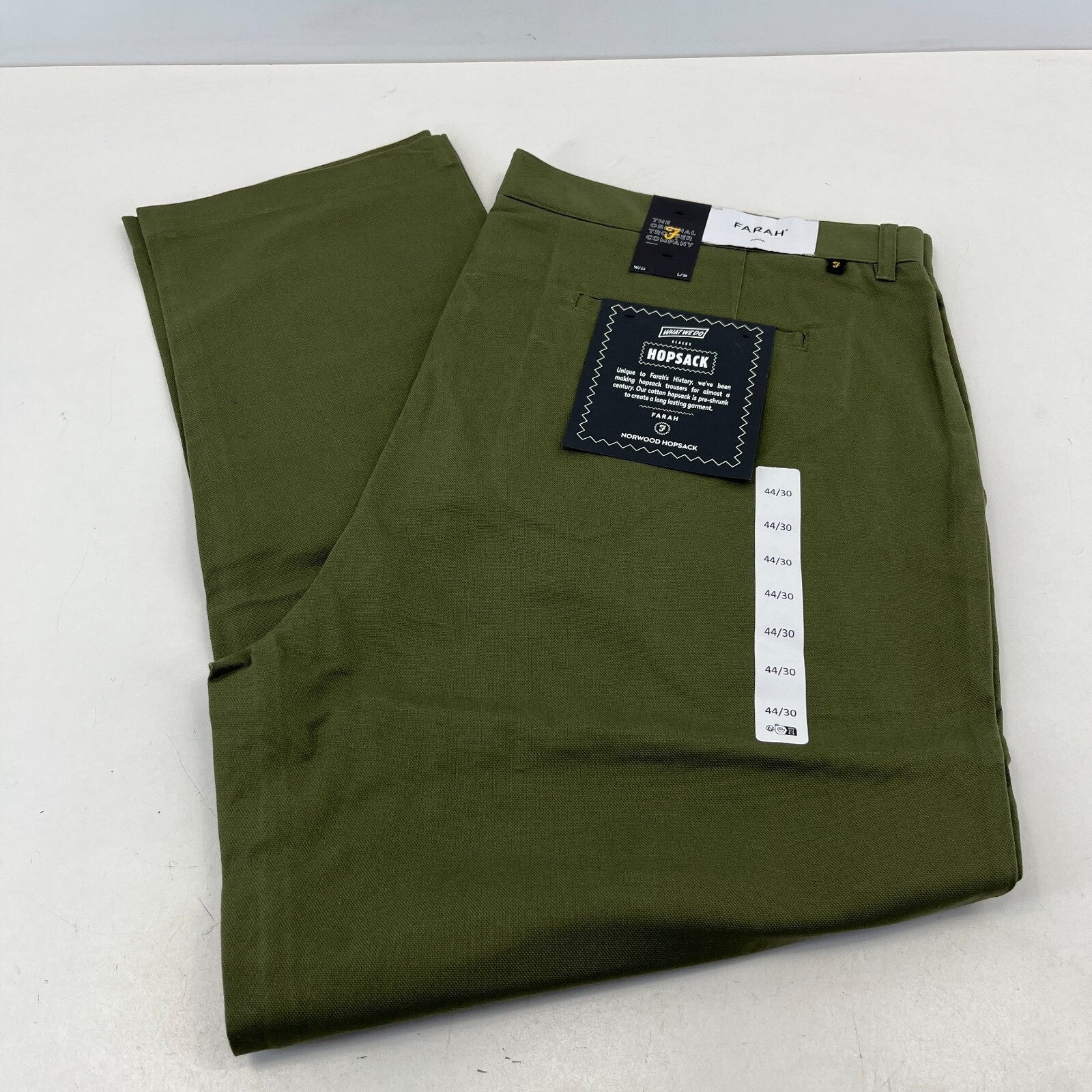 Farah Norwood Hopsack 100% Cotton Trousers Regular Fit W44" L30" Olive Green