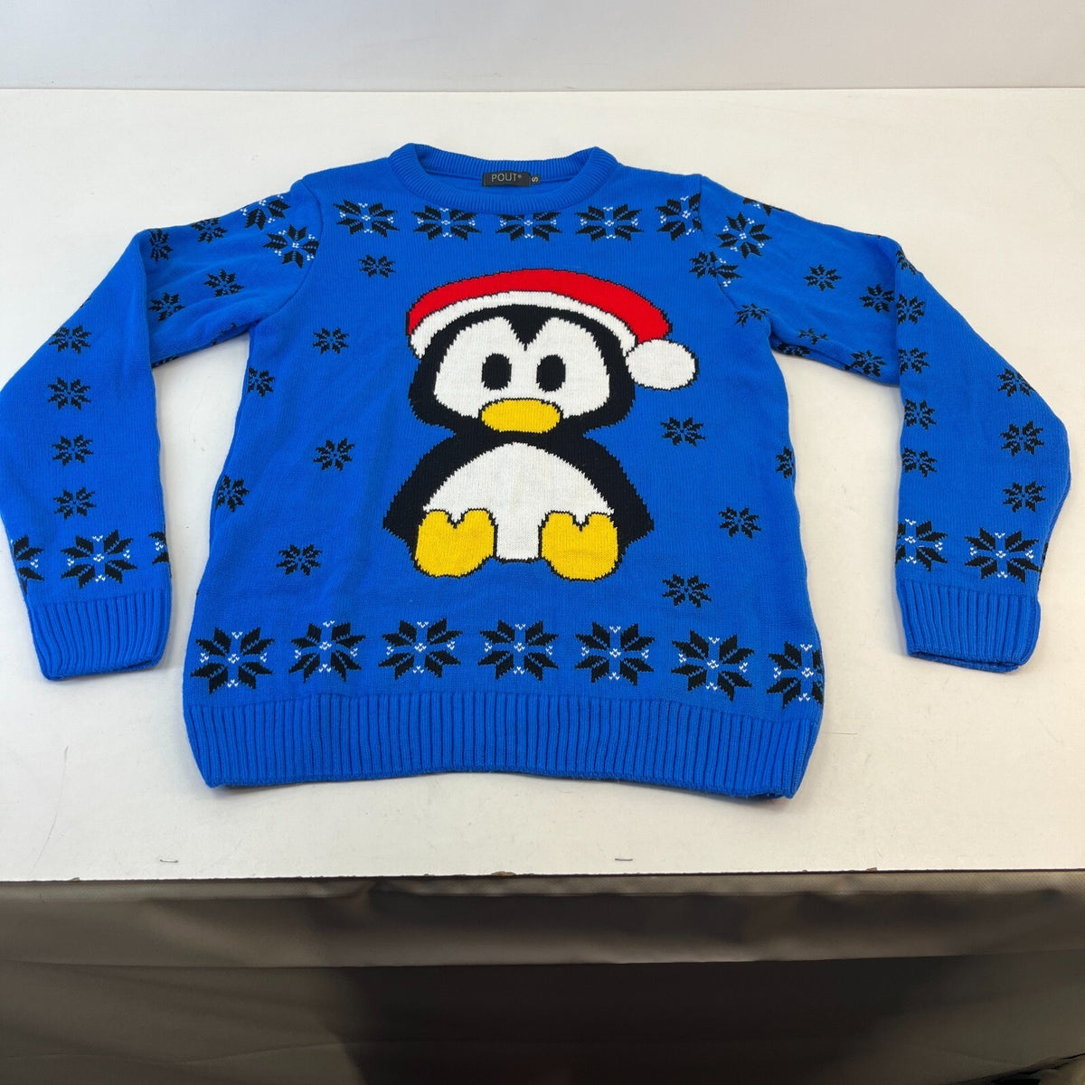 Pout Long Sleeve Christmas Knitted Jumper Santa Penguin Blue size Small