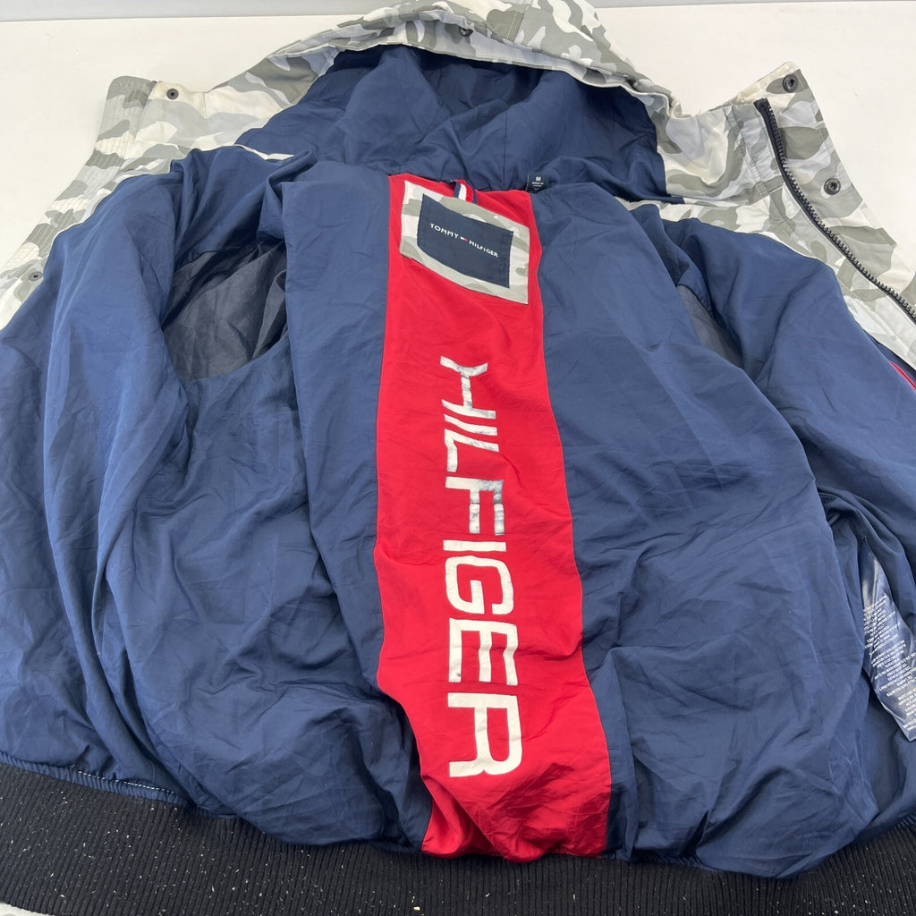 Tommy Hilfiger Camo Hooded Bomber Jacket size M Coat Grey White Water Resistant