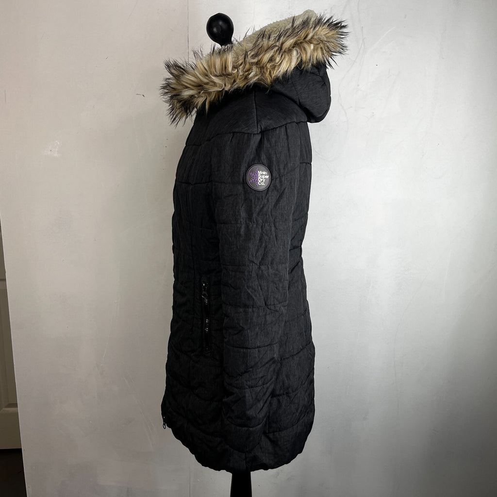 Superdry Mountain Co Mid Faux Fur Puffer - Size XL Grey Hooded  Coat