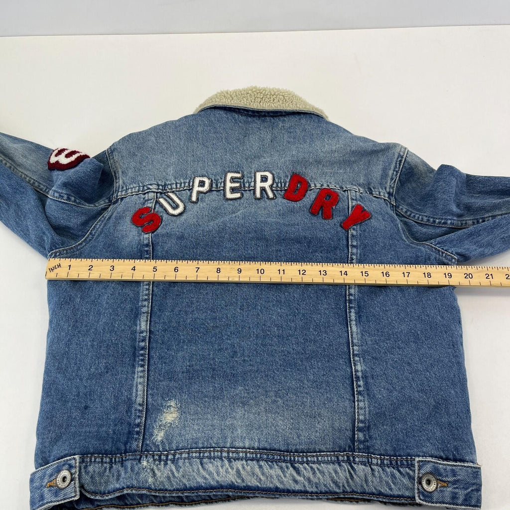 Superdry Denim Jacket Womens M Blue Sherpa Faux Fur Lining Patches Biker