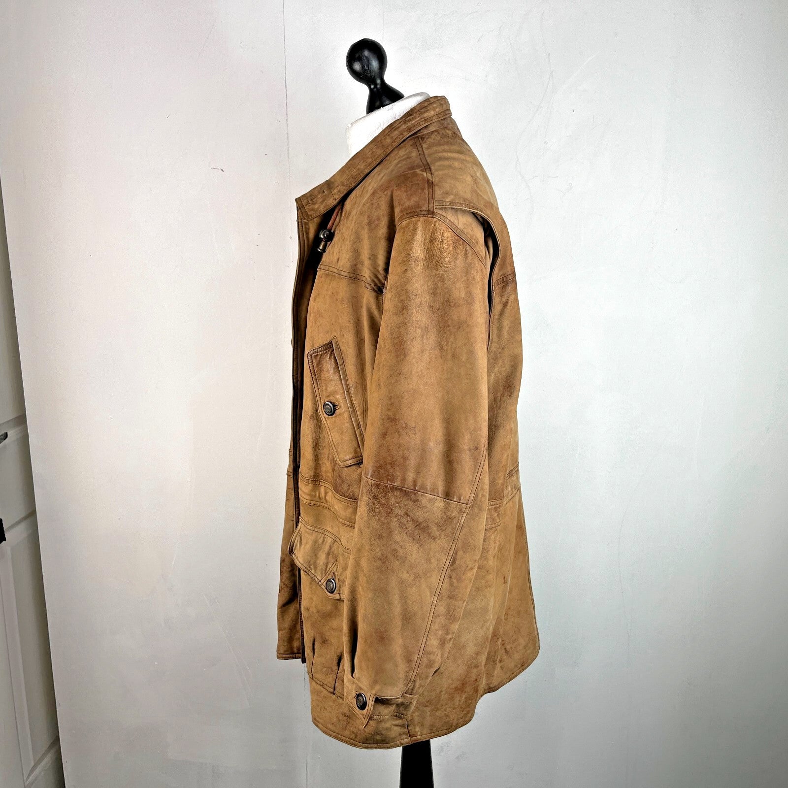 Lakeland Men’s Leather Jacket Long Distressed Look Tan Brown UK size 46