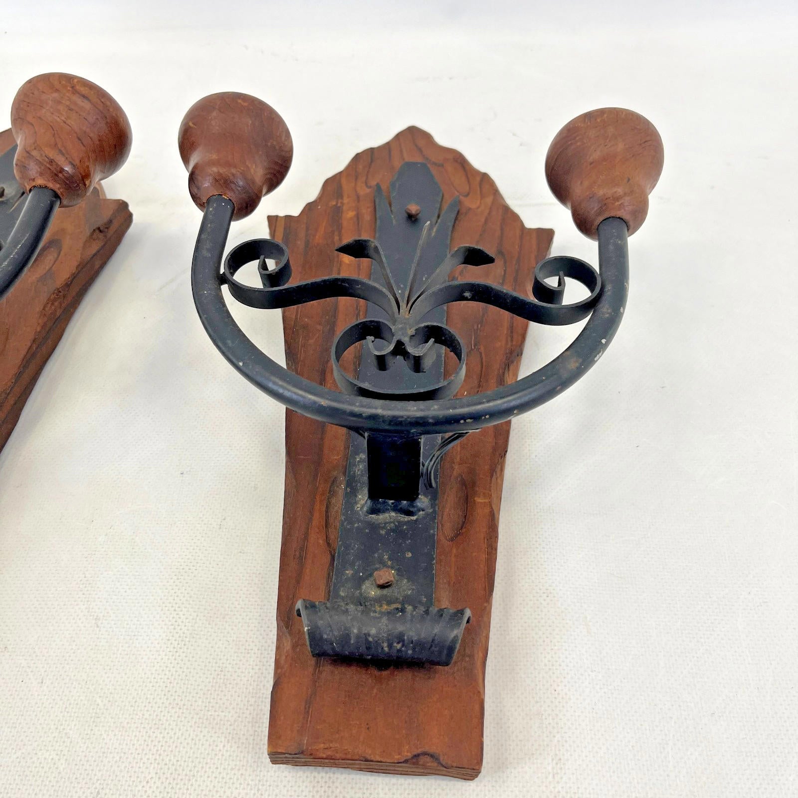 Pair of Vintage Double Sconce Wall Lights Gothic Metal & Wood 14" Two Arm