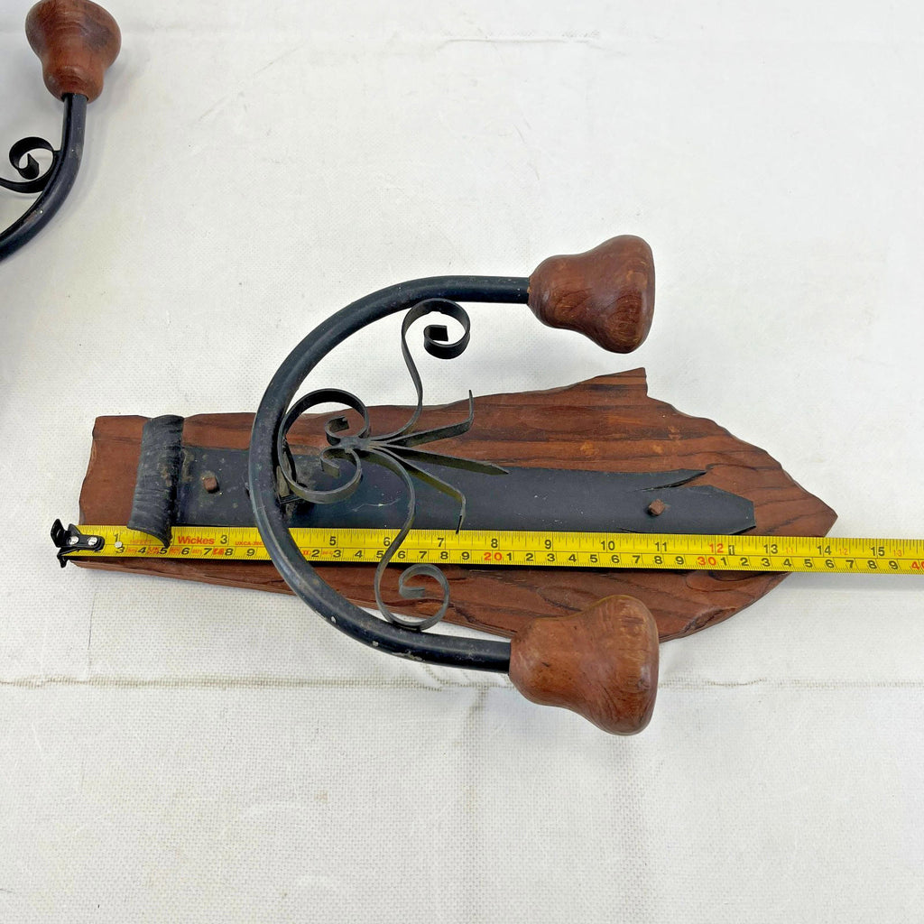 Pair of Vintage Double Sconce Wall Lights Gothic Metal & Wood 14" Two Arm
