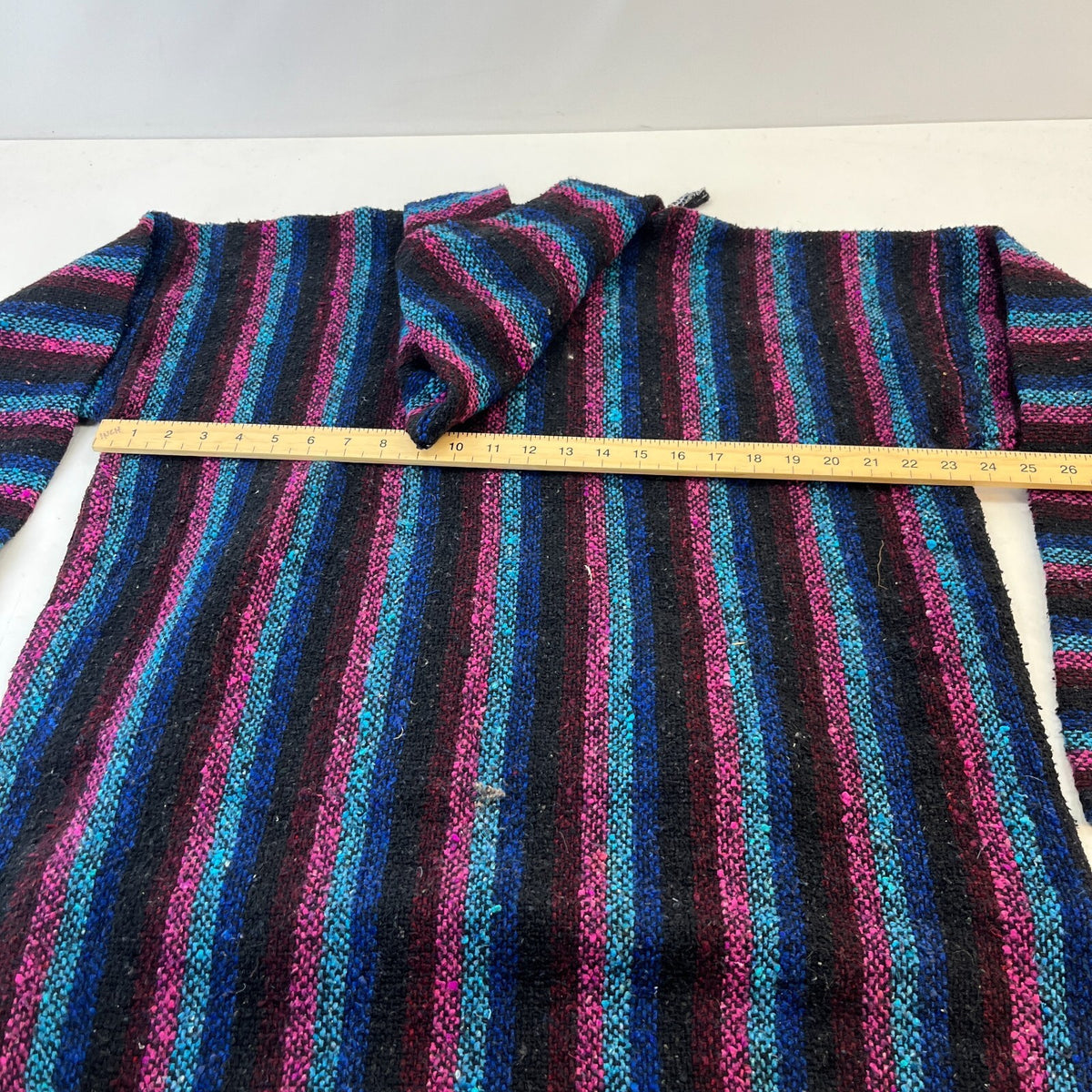 Genuine Mexican Baja Hoodie Pullover Hippie Festival Pink/Black Stripe UK size L