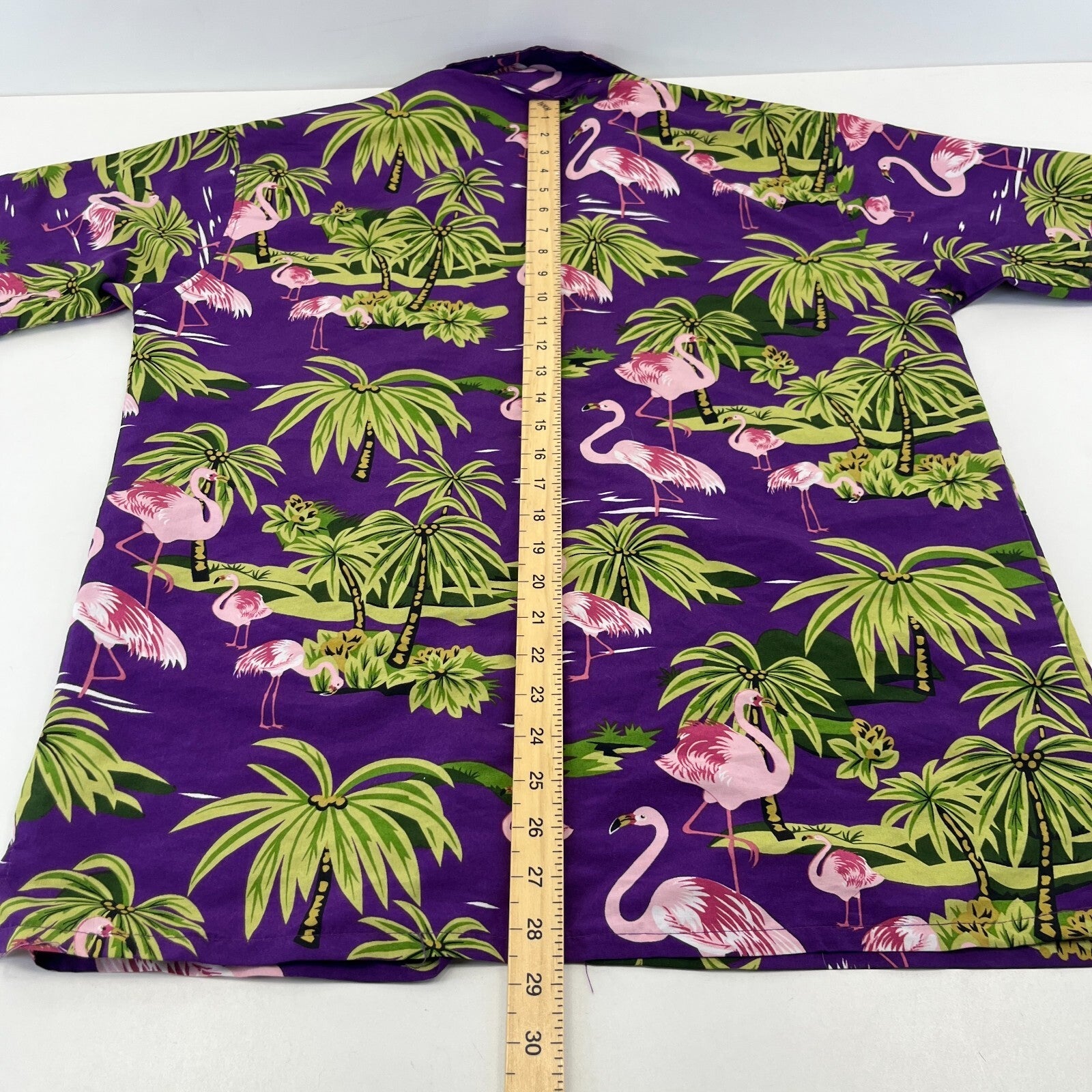 True Face Mens Purple Hawaiian Shirt Flamingo Design Short Sleeve Holiday size M