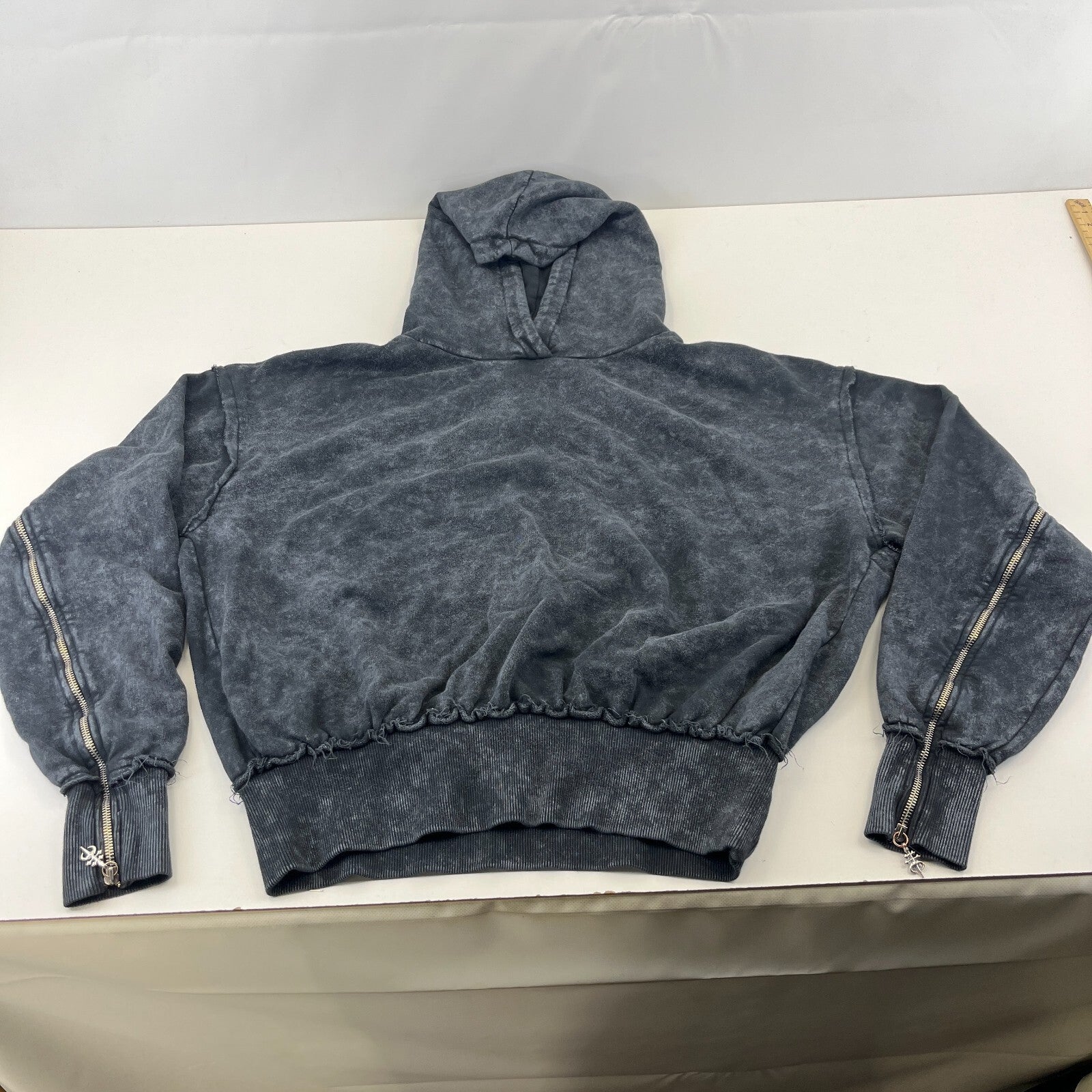 Drop Dead Distressed Look Grey w Zip Sleeves Hoodie 100% Cotton Streetwear UK L