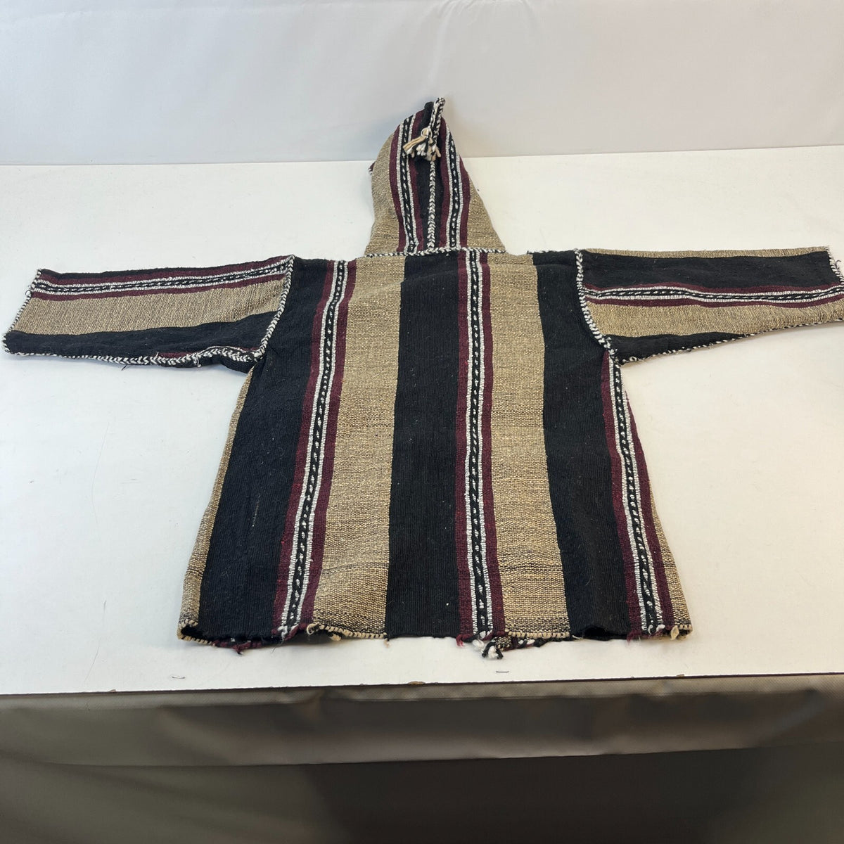 Mexican Baja Tie Front Hoodie Childrens size Large Black/Beige Striped Hooded