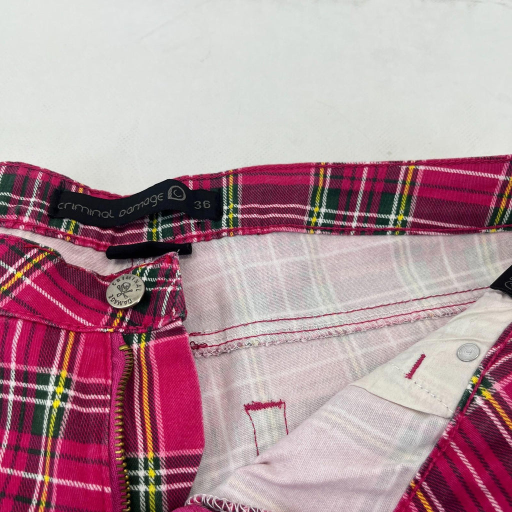 Criminal Damage Women's Pink Tartan Jeans Tapered Stretch Waist 36"