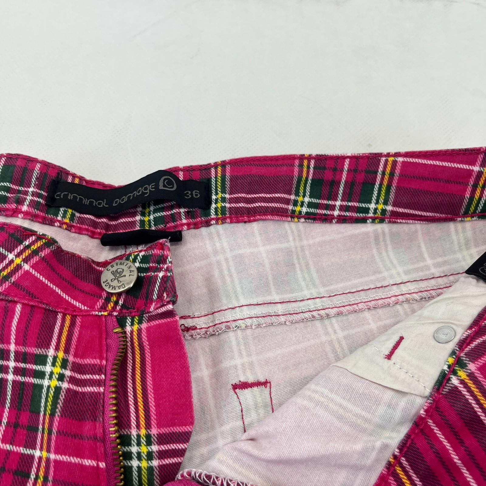 Criminal Damage Women's Pink Tartan Jeans Tapered Stretch Waist 36"