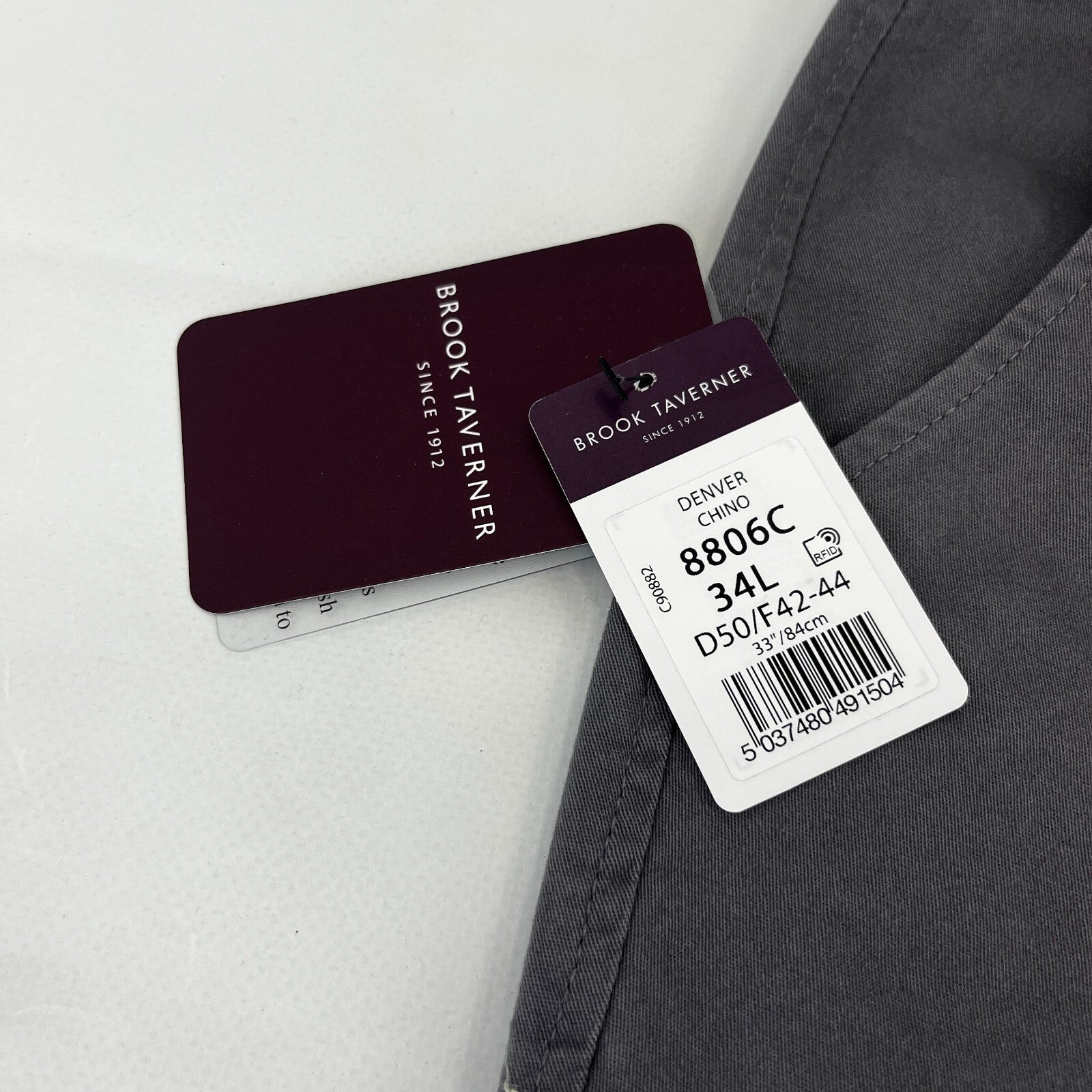 Brook Taverner Denver Chino Trousers in Grey Size 34L Cotton Stretch BNWT
