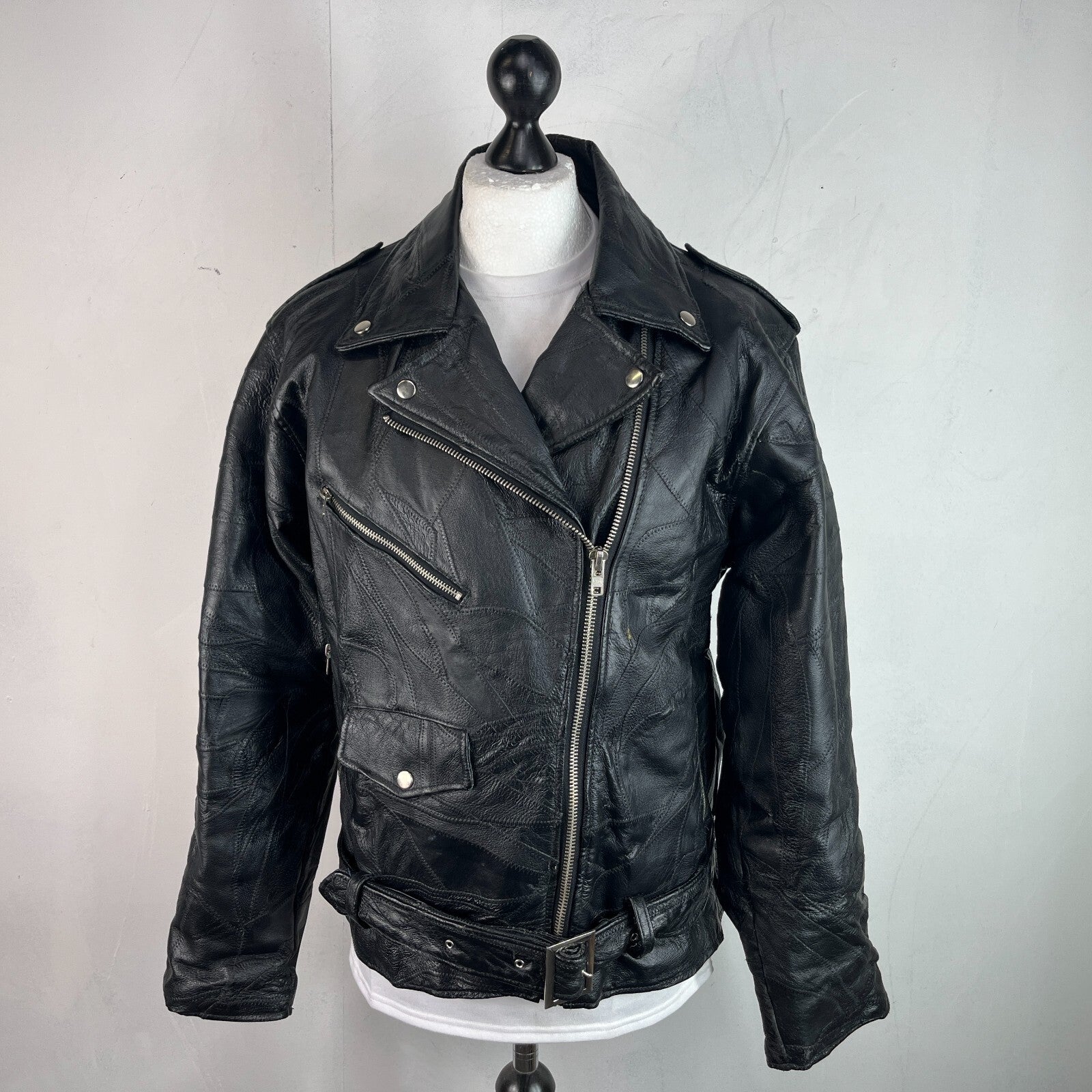 Flight Path Black Patchwork Leather Motorcycle Jacket Cruiser Biker size Large