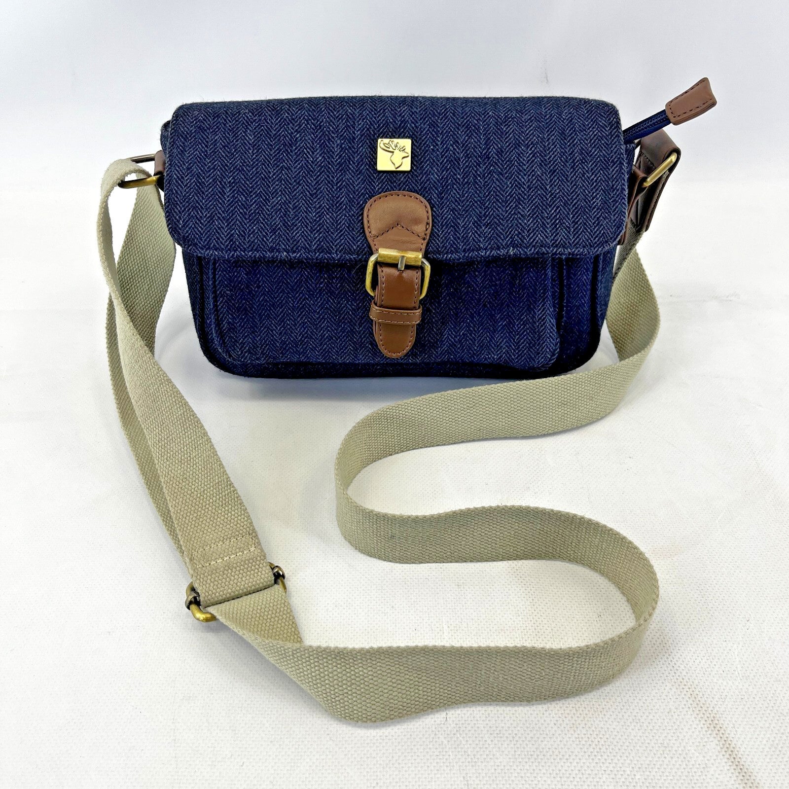 House of Tweed Navy Blue Medium Crossbody Satchel Bag Handbag Herringbone