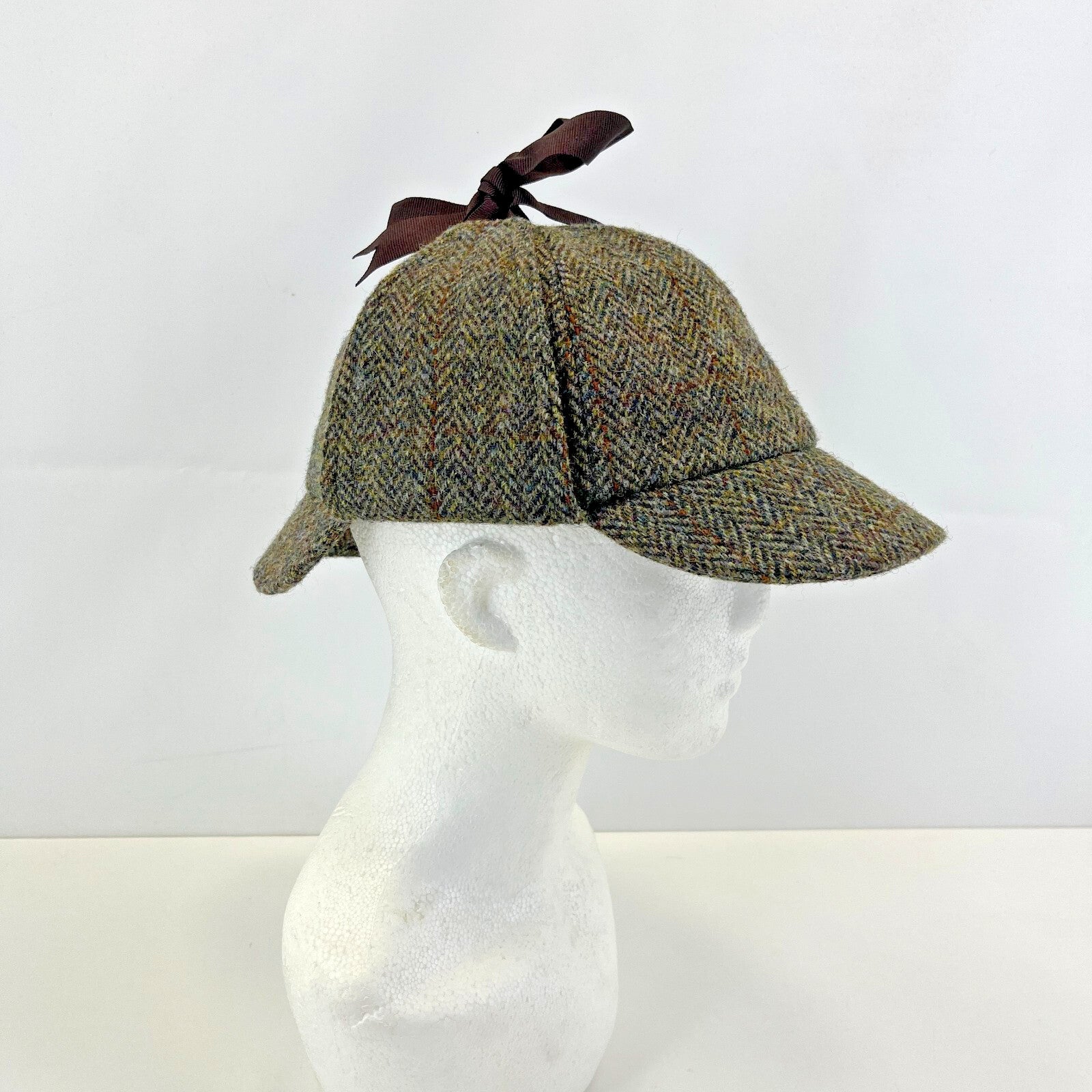 Harris Tweed Deerstalker Hat Cap Brown Herringbone size S/M Sherlock Holmes