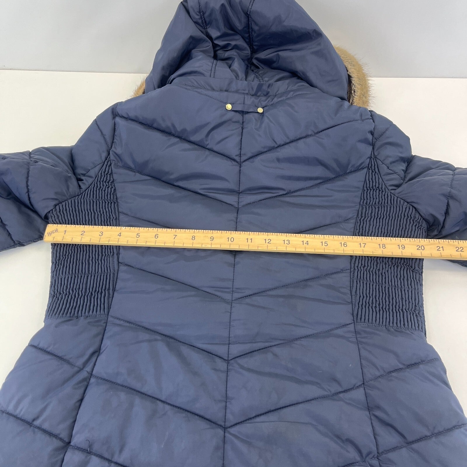 Joules Warm Welcome Long Quilted Jacket Navy Blue with Faux Fur Fringe size 14