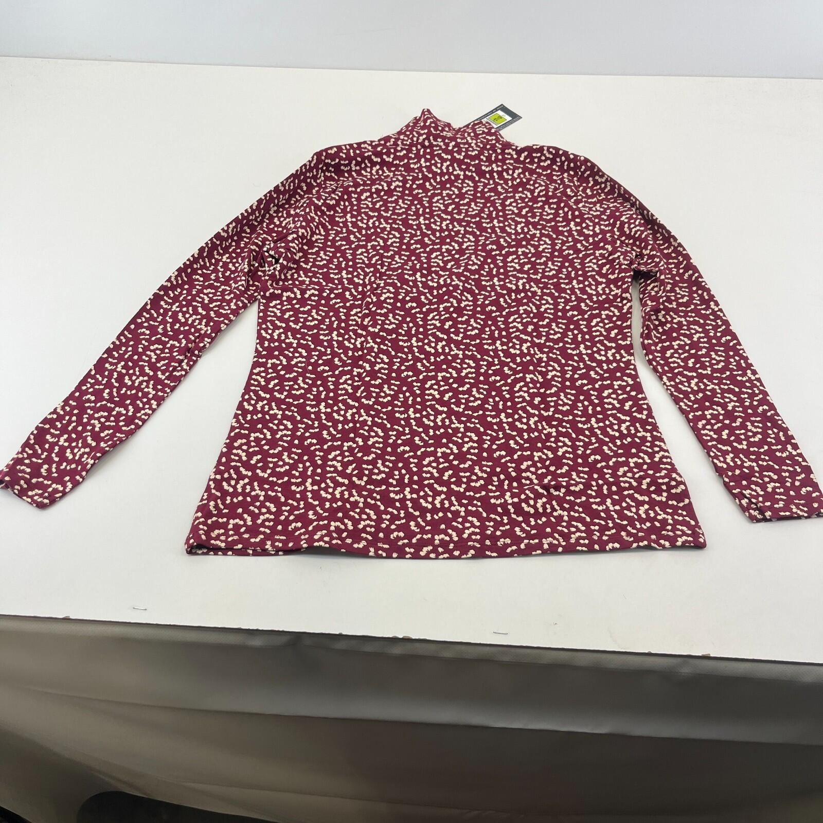 M&S Collection Women's Turtle Neck Top Burgundy & White Long Sleeve Tee size 12