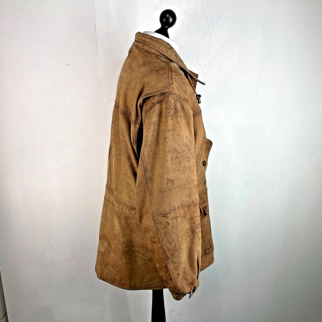 Lakeland Men’s Leather Jacket Long Distressed Look Tan Brown UK size 46