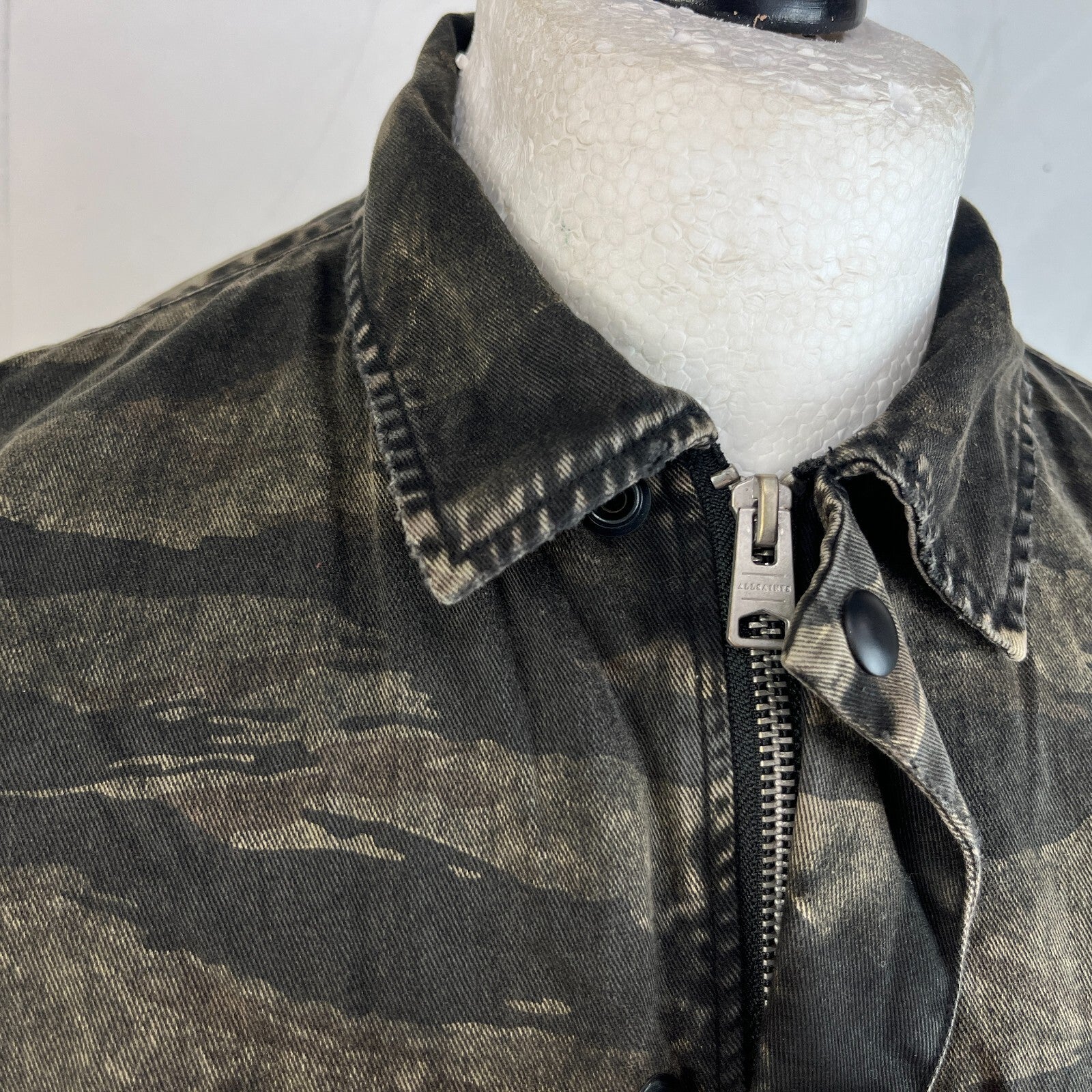 AllSaints Denim Jacket Men's size XL Relaxed Fit Distressed Tiger Camo