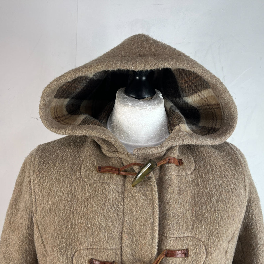 Vintage Women’s Camel Beige Hooded Duffle Coat with Tooth Toggles UK size 16