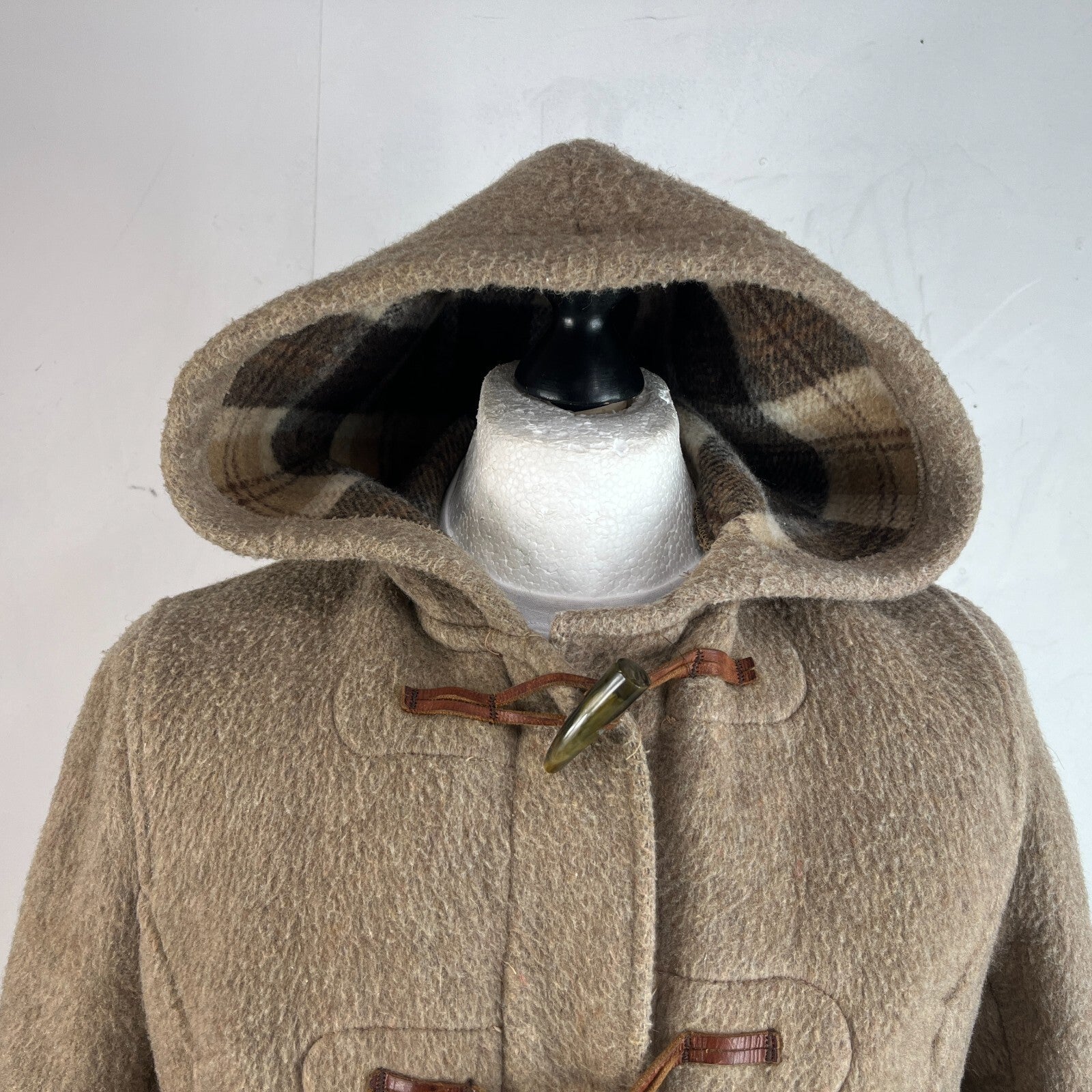 Vintage Women’s Camel Beige Hooded Duffle Coat with Tooth Toggles UK size 16