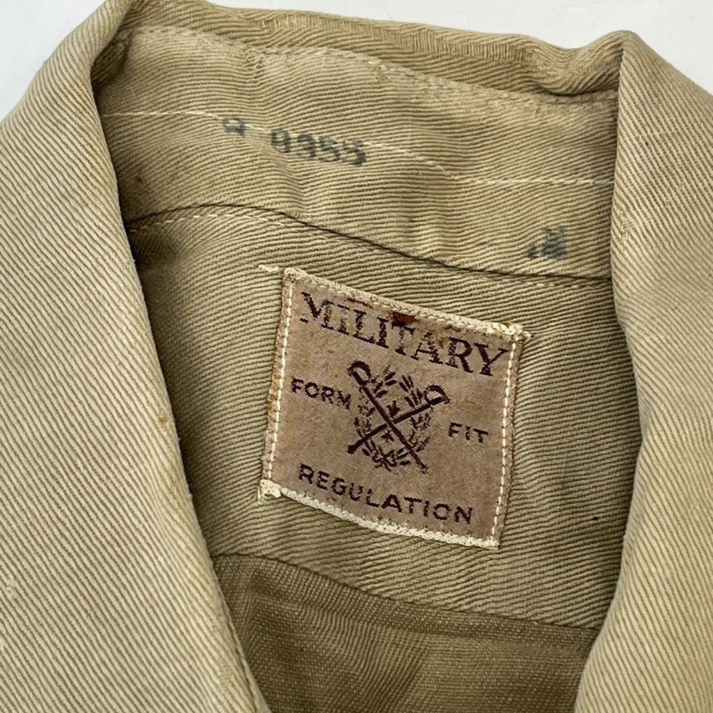 Vintage American Army Military Long Sleeve Twill Shirt +Badges Khaki Brown Large