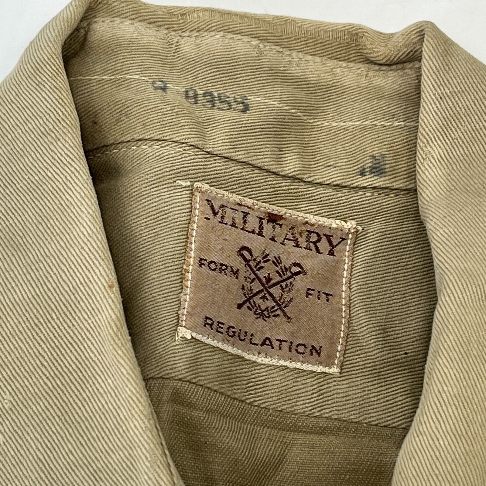 Vintage American Army Military Long Sleeve Twill Shirt +Badges Khaki Brown Large