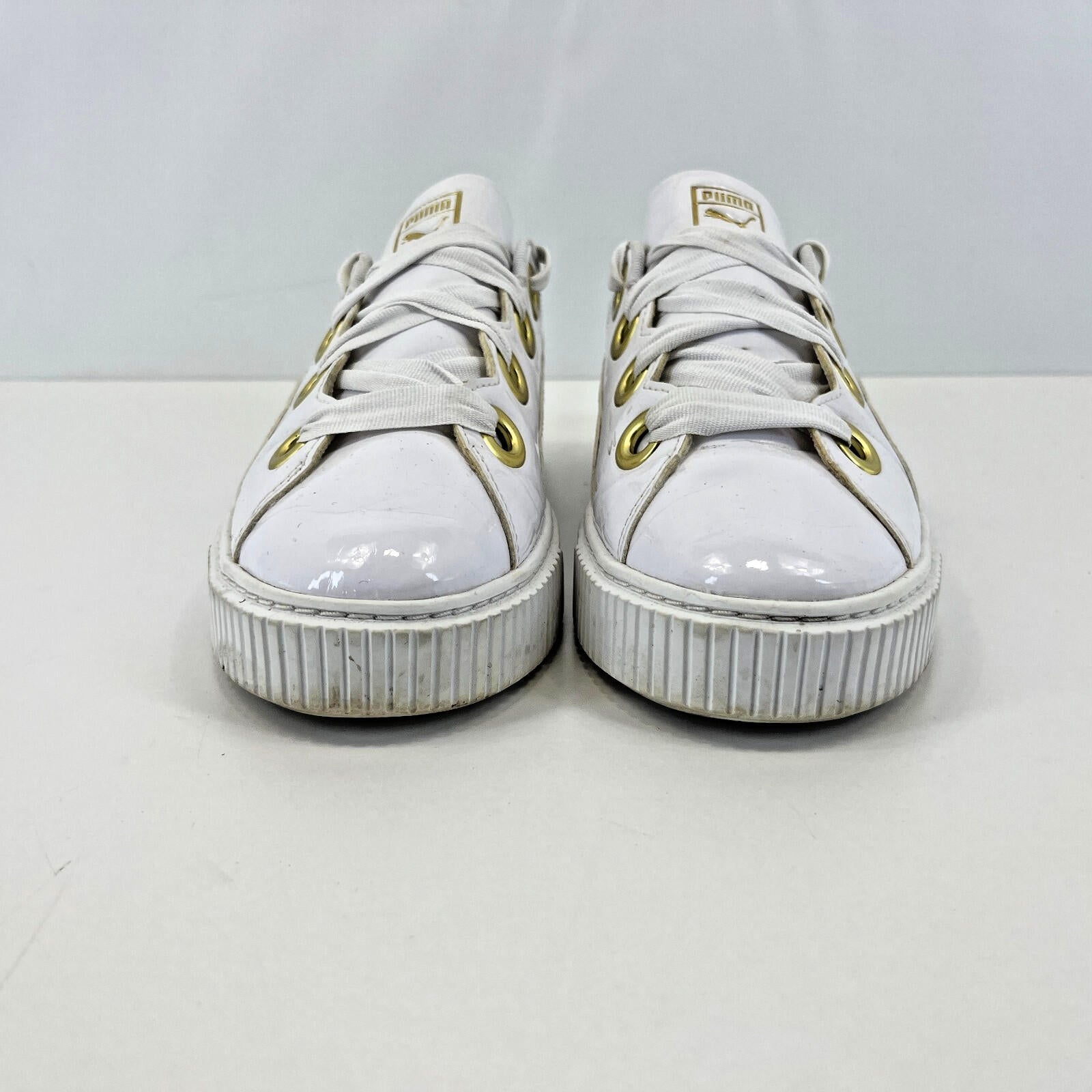 Puma Patent Kiss Trainers in White & Gold with Wide Laces size UK 8 EU 42