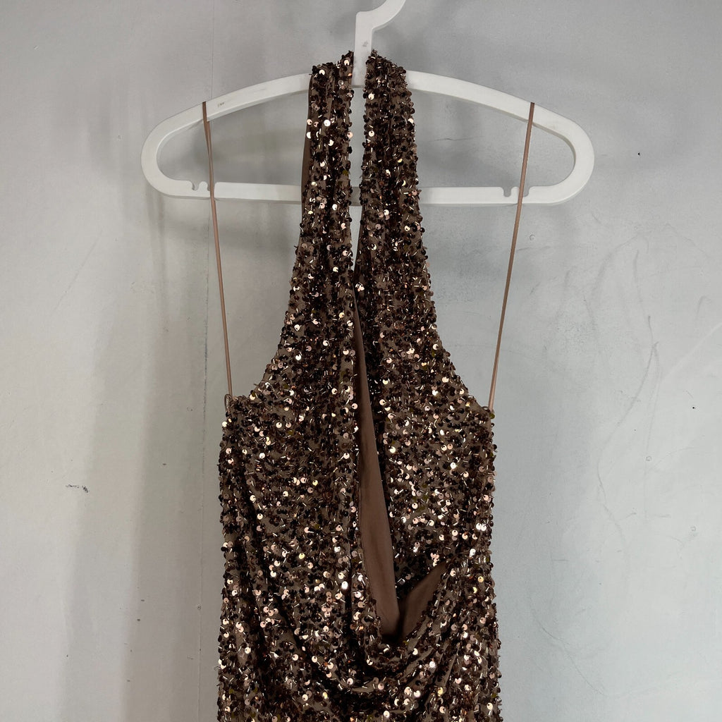 Zara Gold Sparkly Sequin Wrap Round Pencil Dress Halter Neck size Large - New