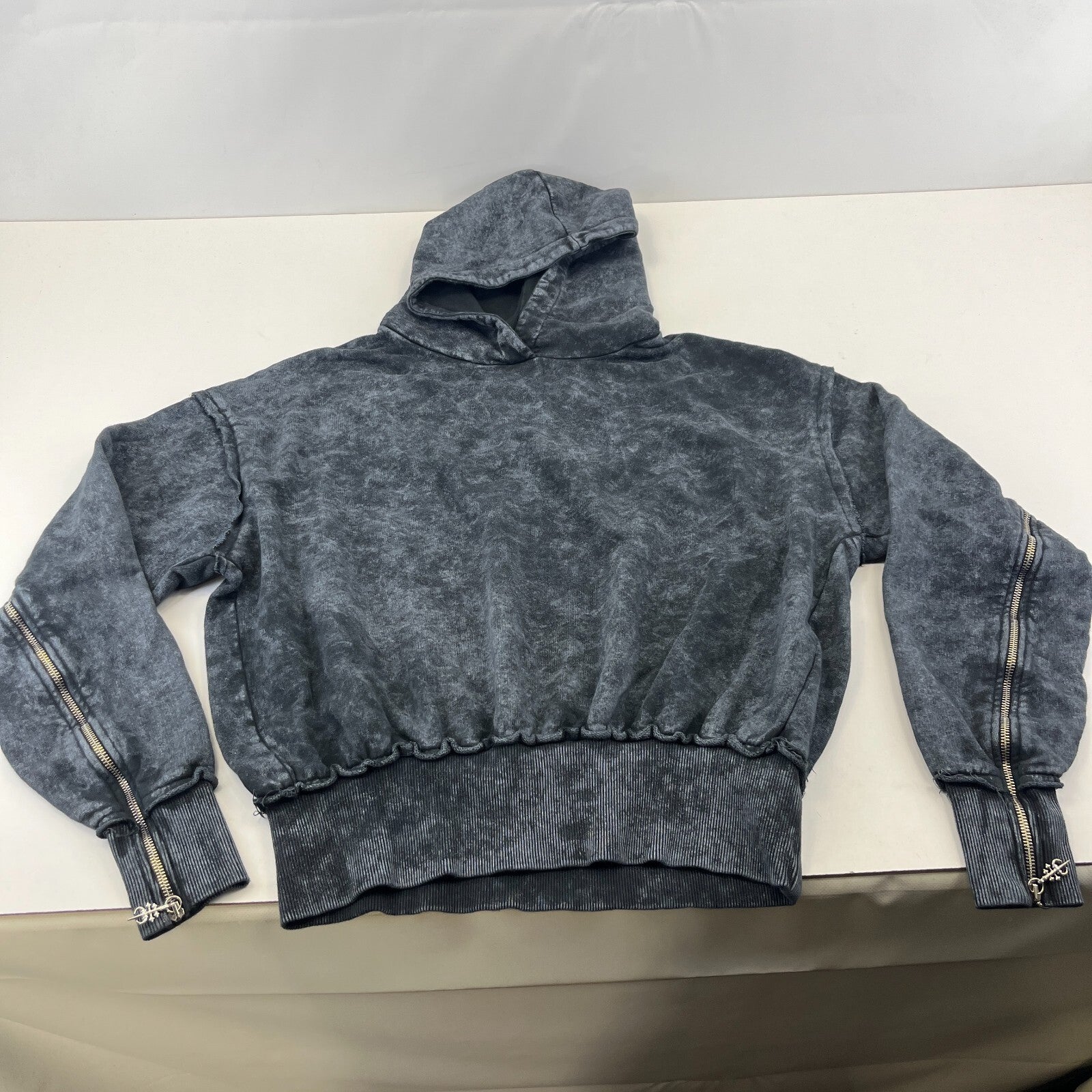 Drop Dead Distressed Look Grey w Zip Sleeves Hoodie UK M 100% Cotton Streetwear