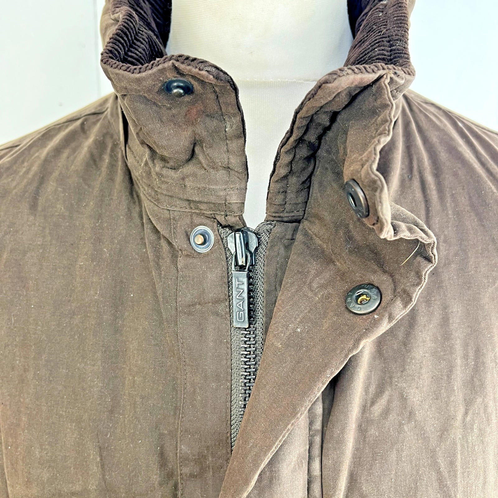 Gant Waxed Cotton Blend Field Jacket Wax Cord Collar Dark Brown Mens Large
