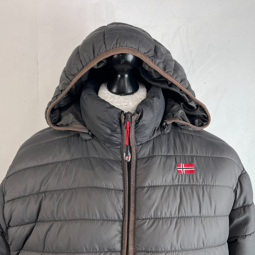 Geographical Norway Amigo Men’s Puffer Jacket XL Dark Grey Hooded Quilted Coat