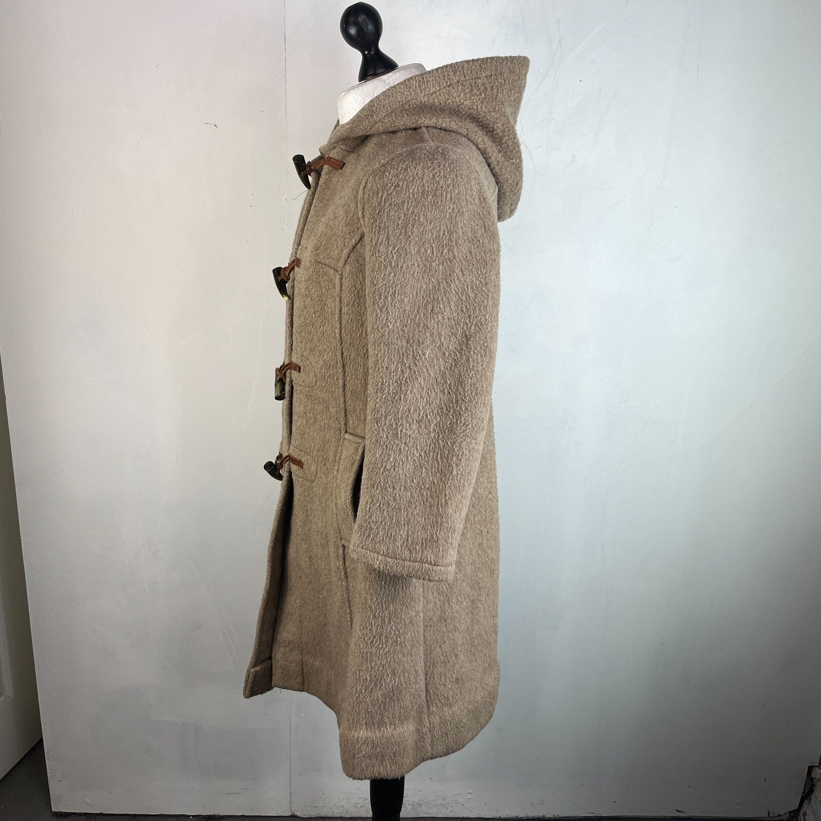 Vintage Women’s Camel Beige Hooded Duffle Coat with Tooth Toggles UK size 16