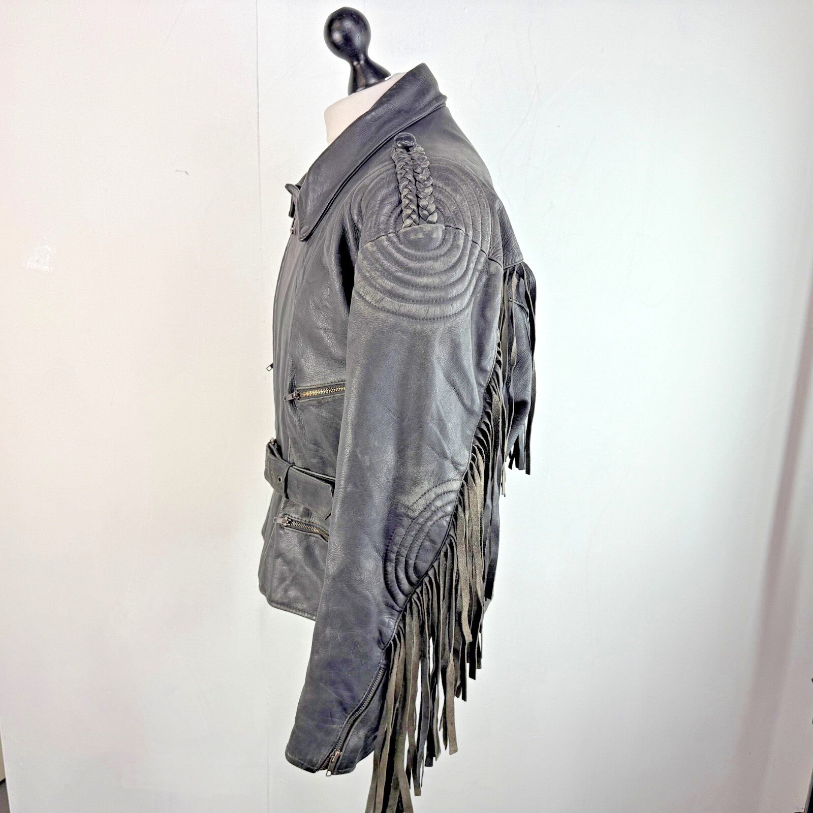 Vintage Difi of Germany Tasselled Leather Jacket Black Cruiser Cafe Racer UK 42