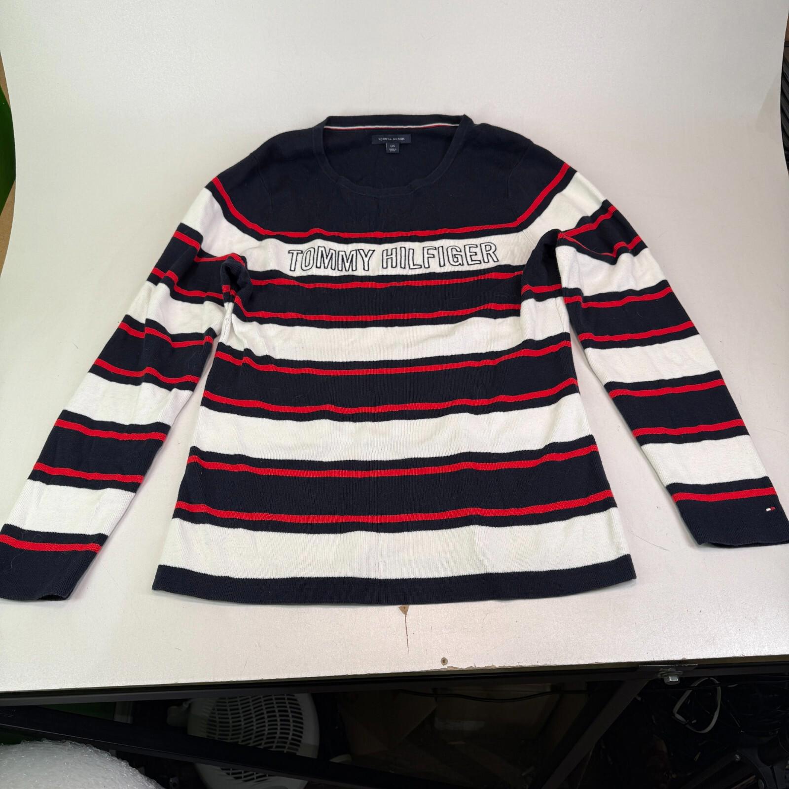 Tommy Hilfiger Lightweight Cotton Jumper Black/Red/White Striped Large Slim Fit