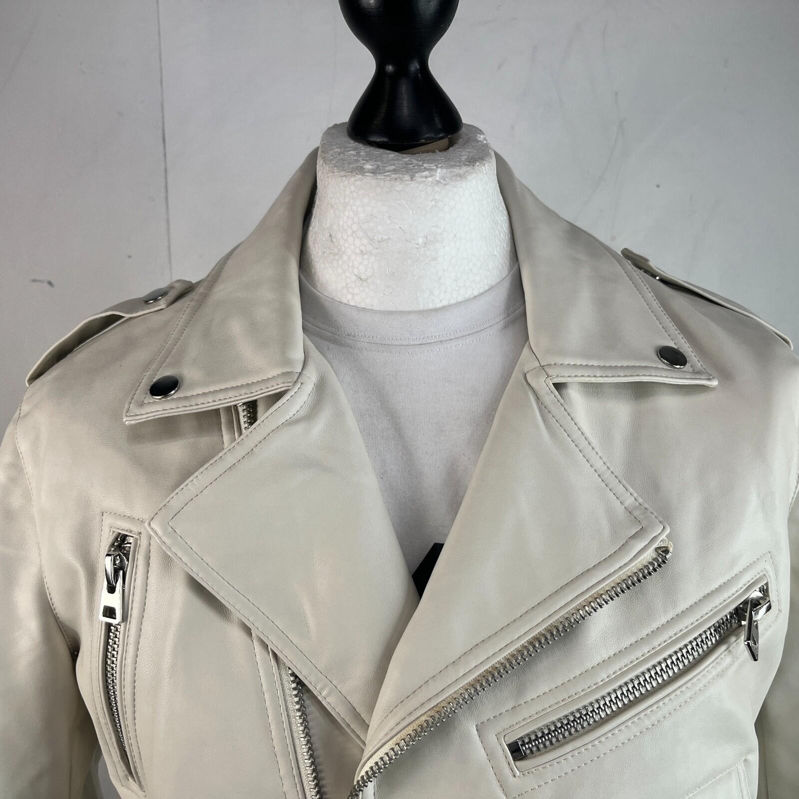 Topshop Zipped Faux Leather Cropped Biker Jacket Ivory White UK Women's size 10