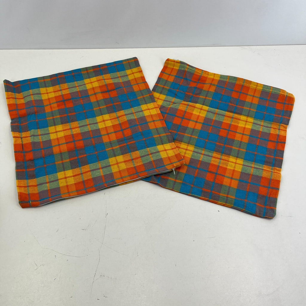 2x RSW 100% Cotton Cushion Pillow Covers Orange/Blue/Yellow Tartan 38cm x 38cm