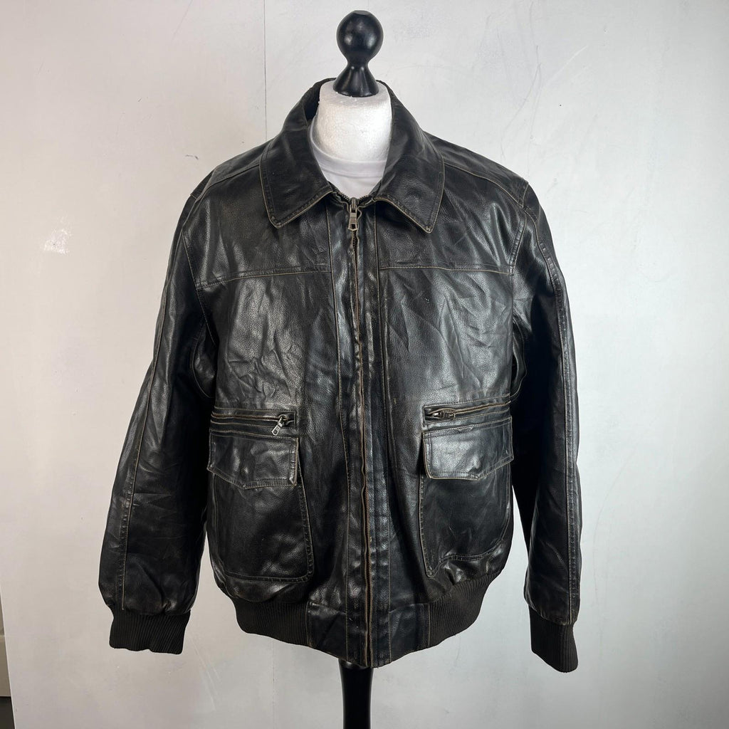 Vtg Tommy Hilfiger Brown Distressed Faux Leather Jacket Sherpa Lined Mens 2XL